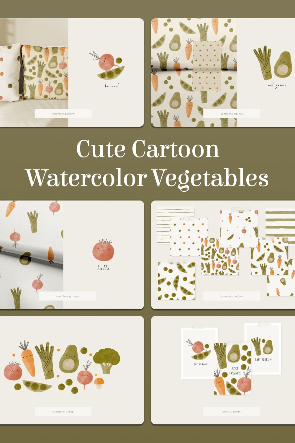 Cute cartoon watercolor vegetables - pinterest image preview.