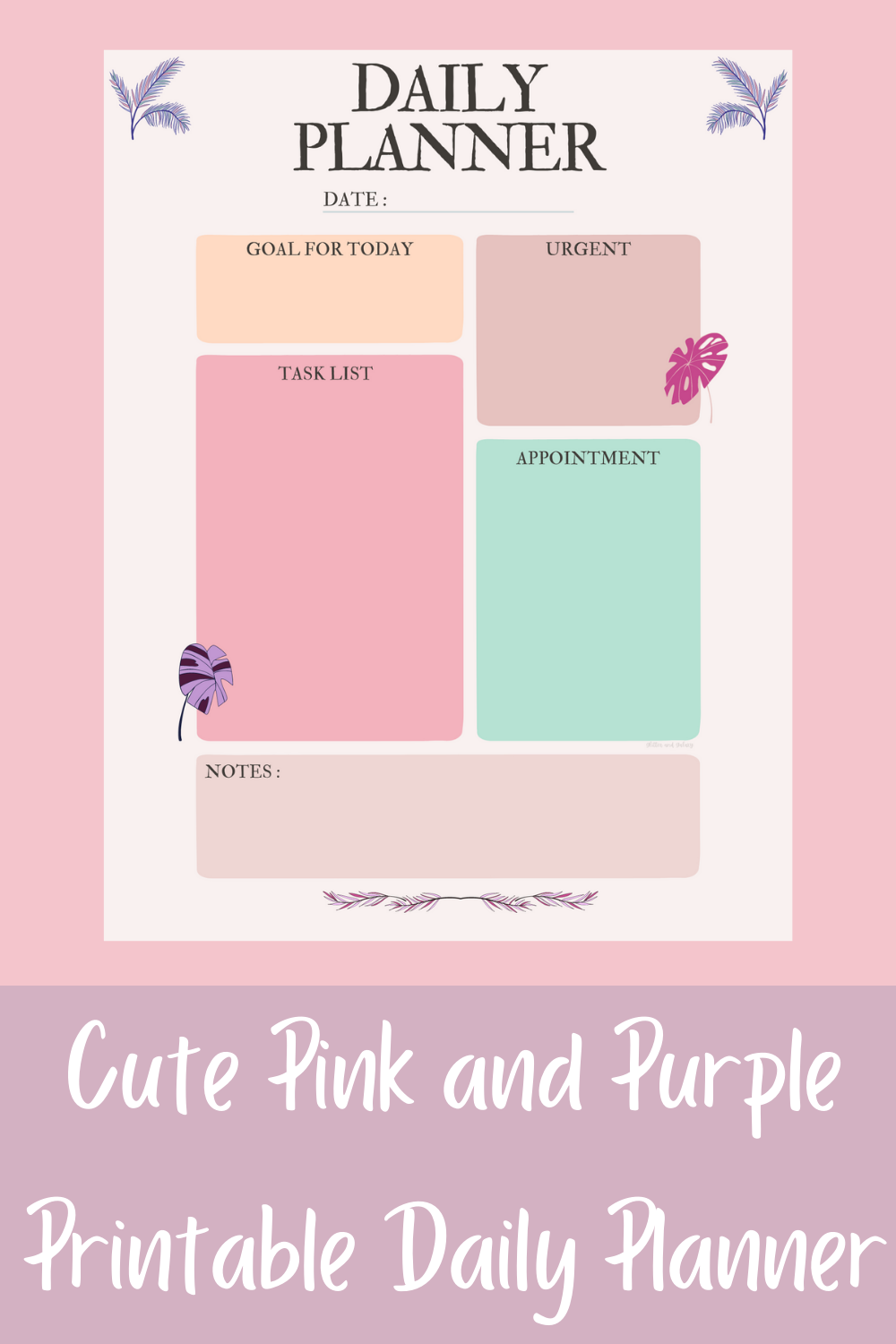 Cute Pink and Purple Printable Daily Planner pinterest image.