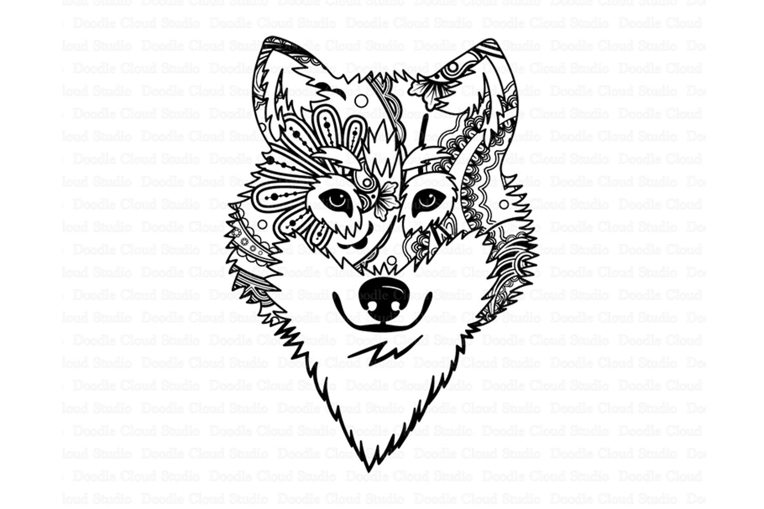 Black and white drawing of a wolf's head.