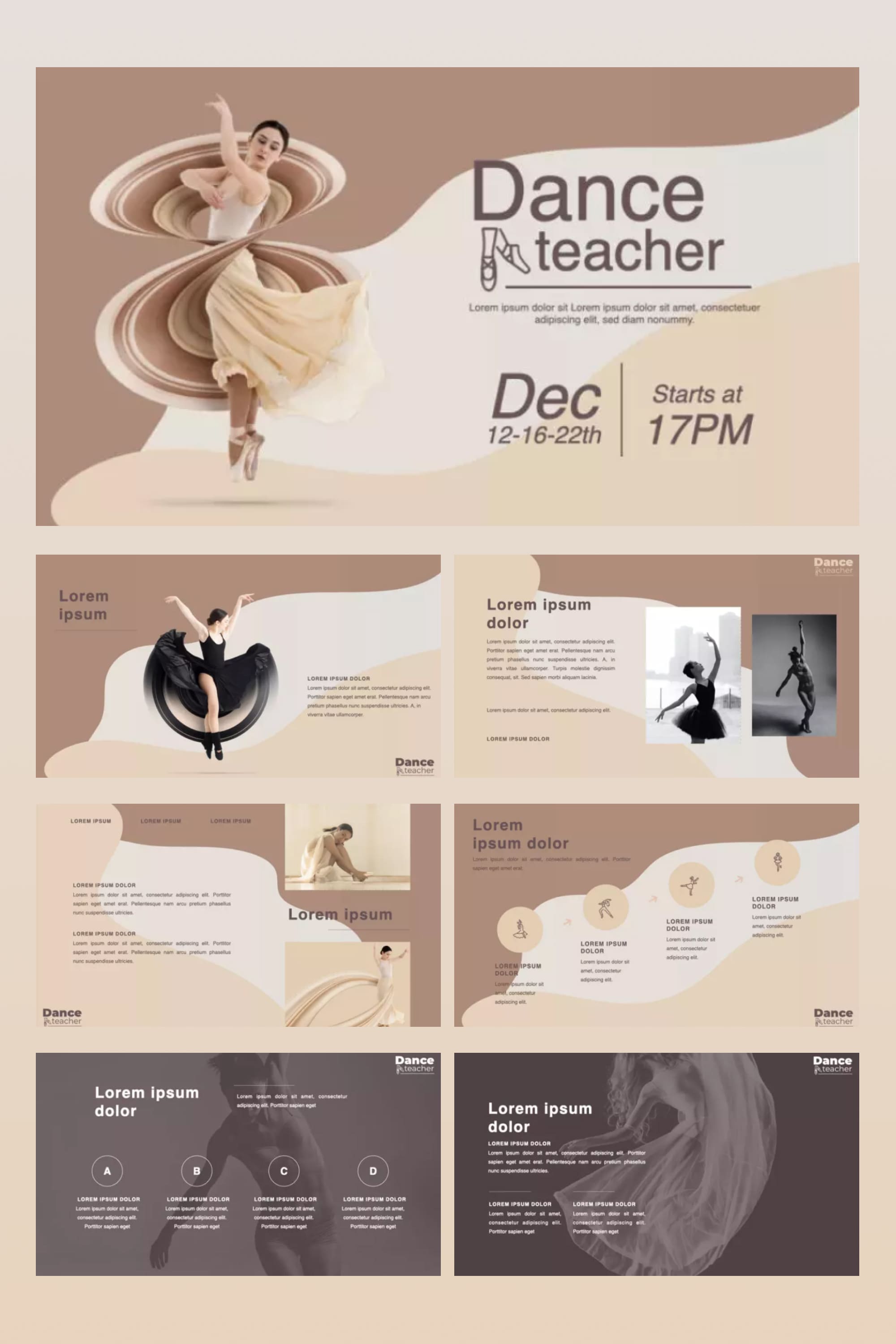 Collage of presentation pages in beige color with dancing silhouettes.
