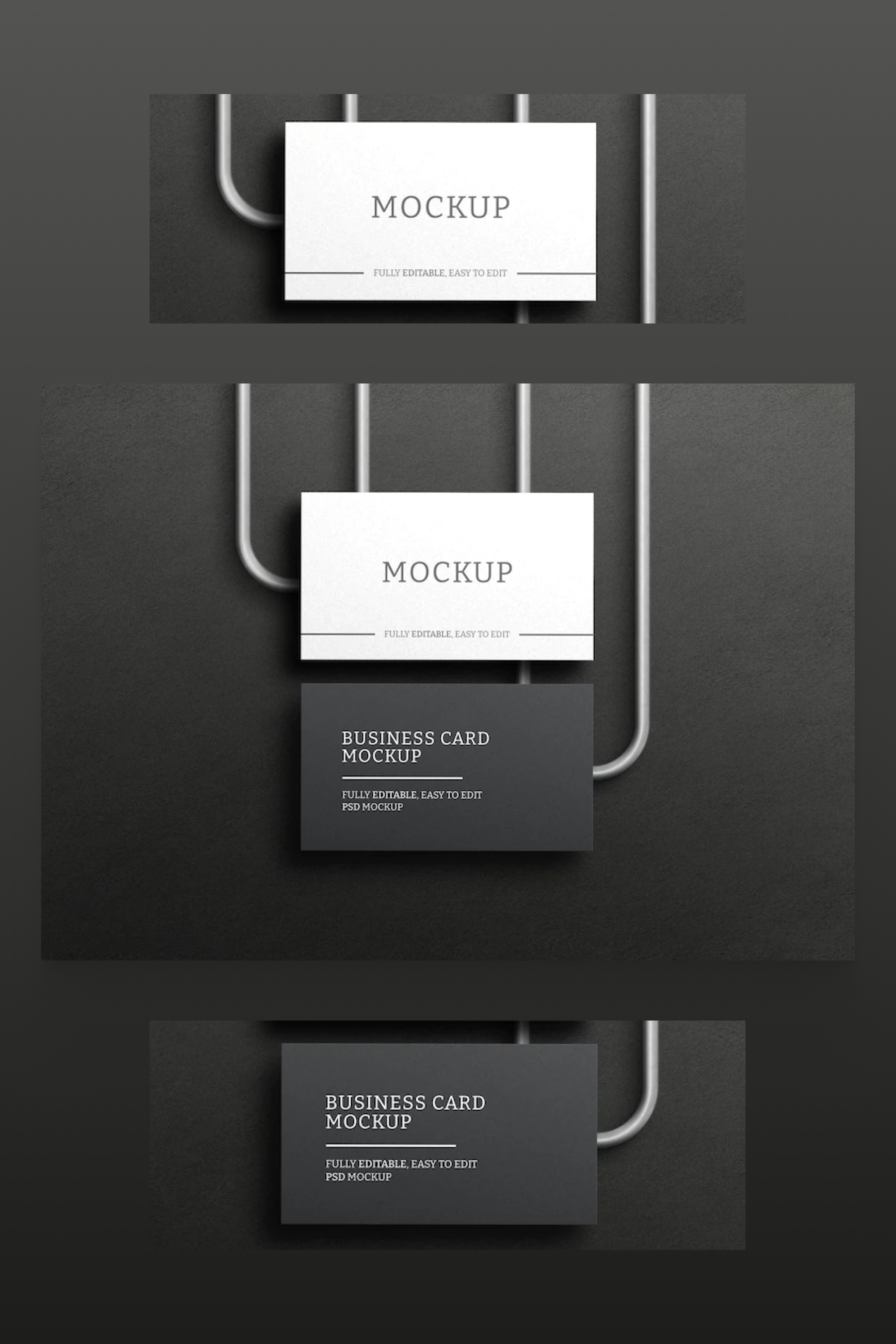 Black and white business cards on dark gray background with silver wire.