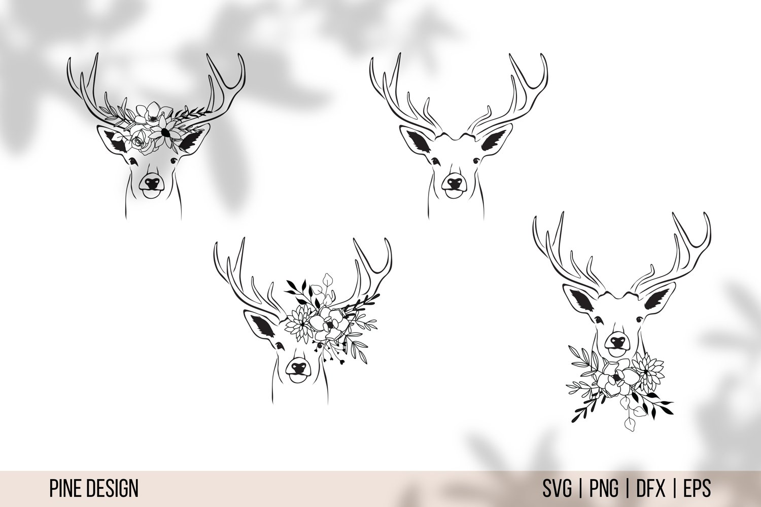 Three deer heads with flowers in their antlers.