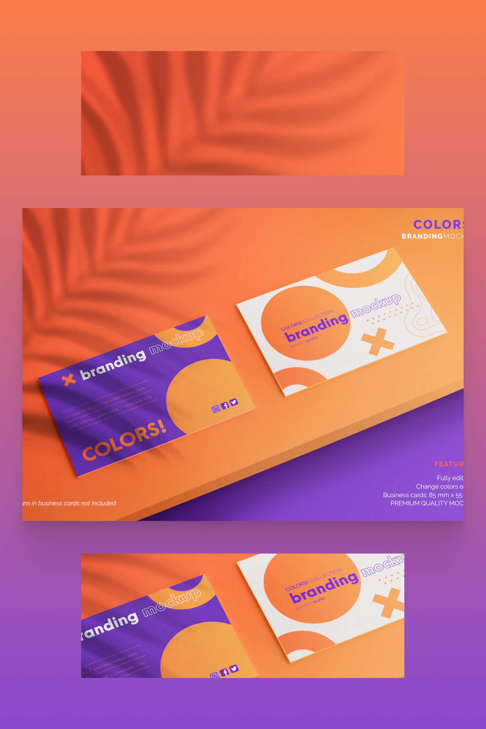 Color business cards on orange and purple background.