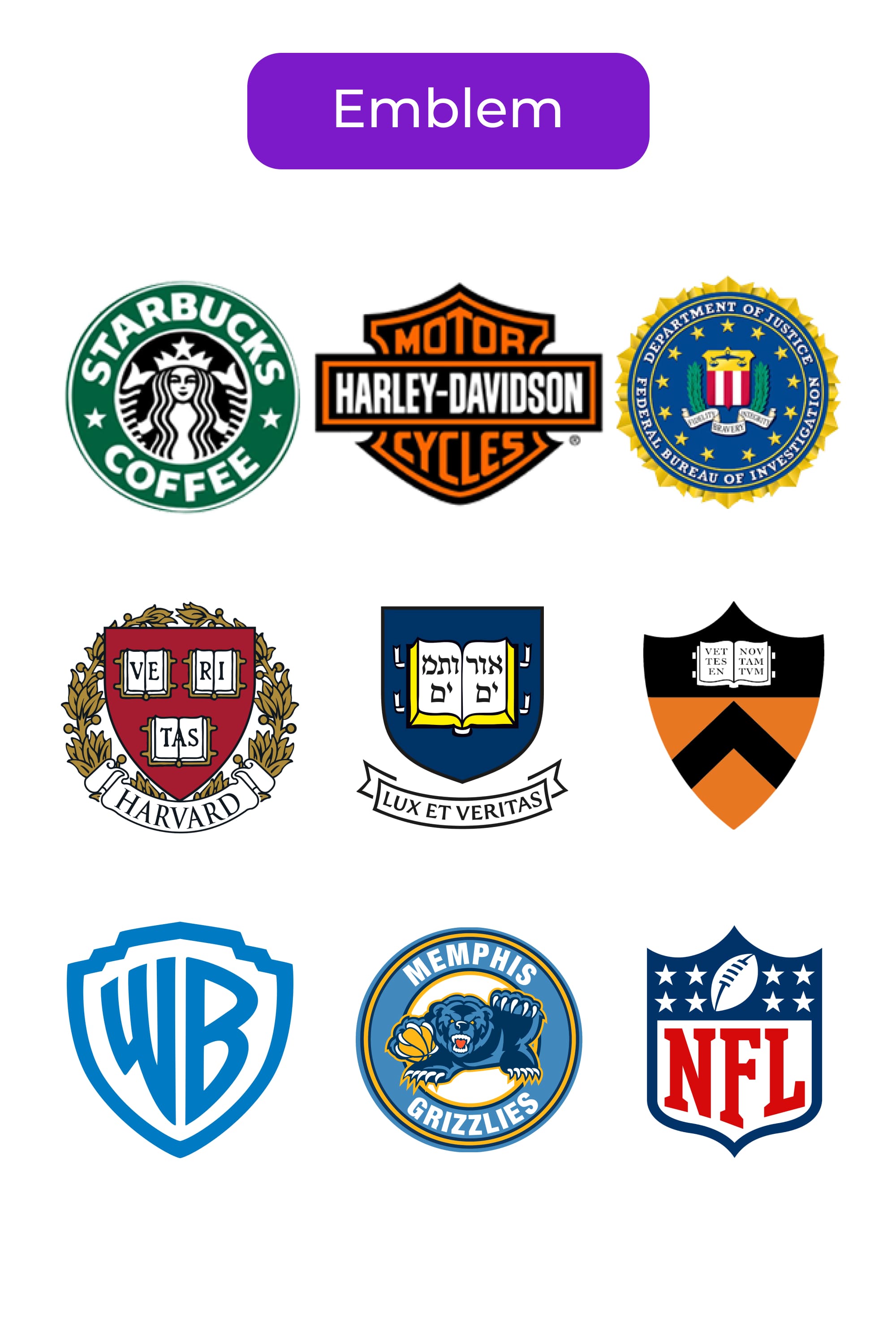 Collage of logos of famous brands in the form of emblems.