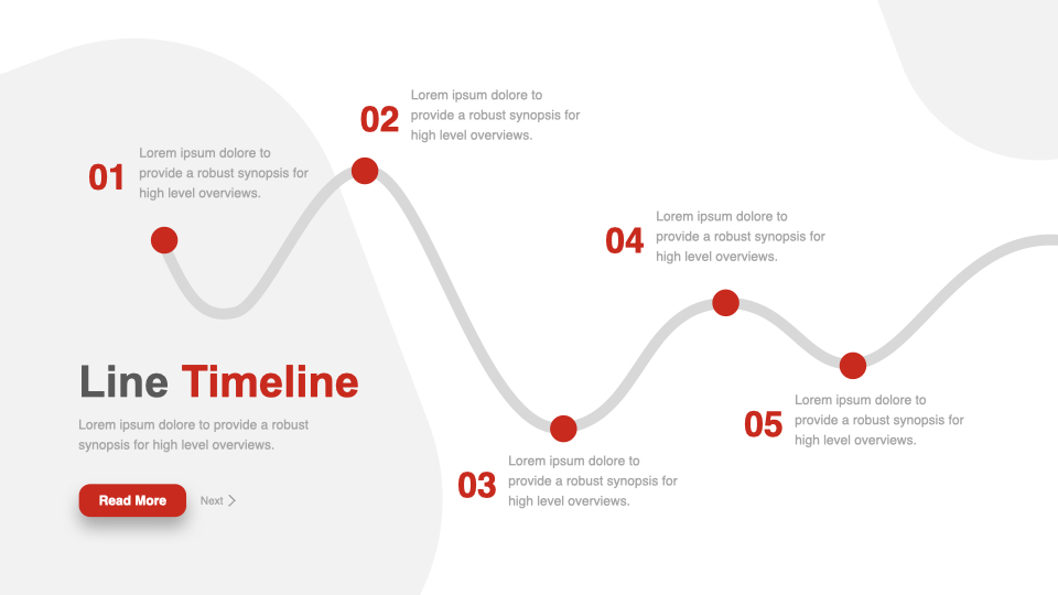 Cool timelines with grey lines and red points.