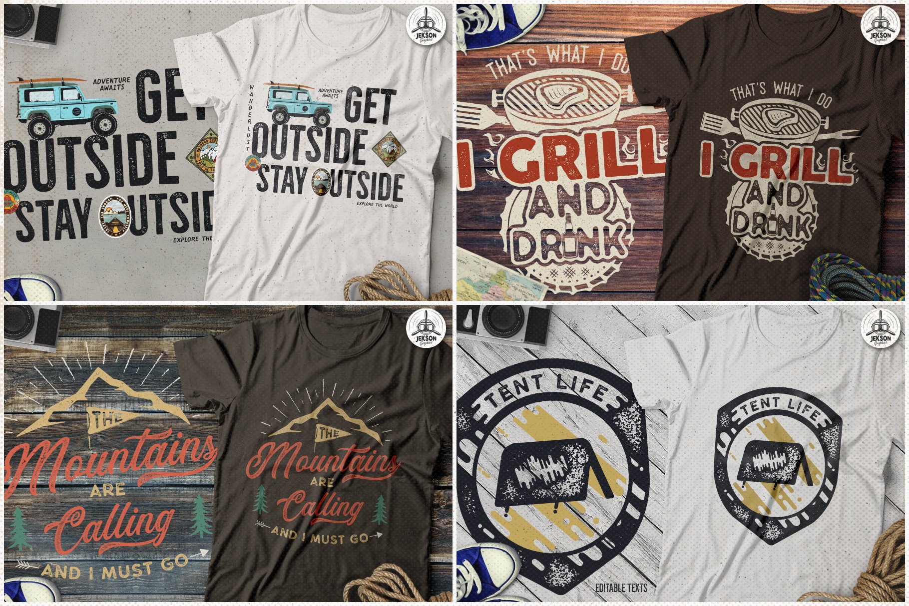 Four options of t-shirts for adventure.