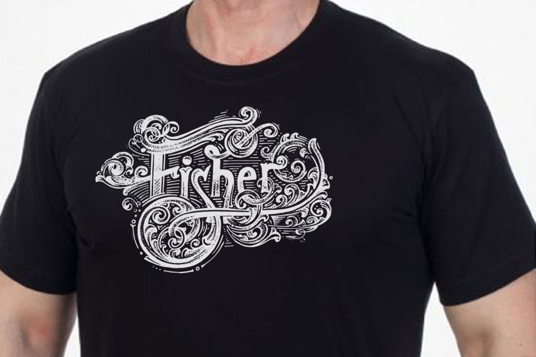 Classic black t-shirt with white fisher illustration.