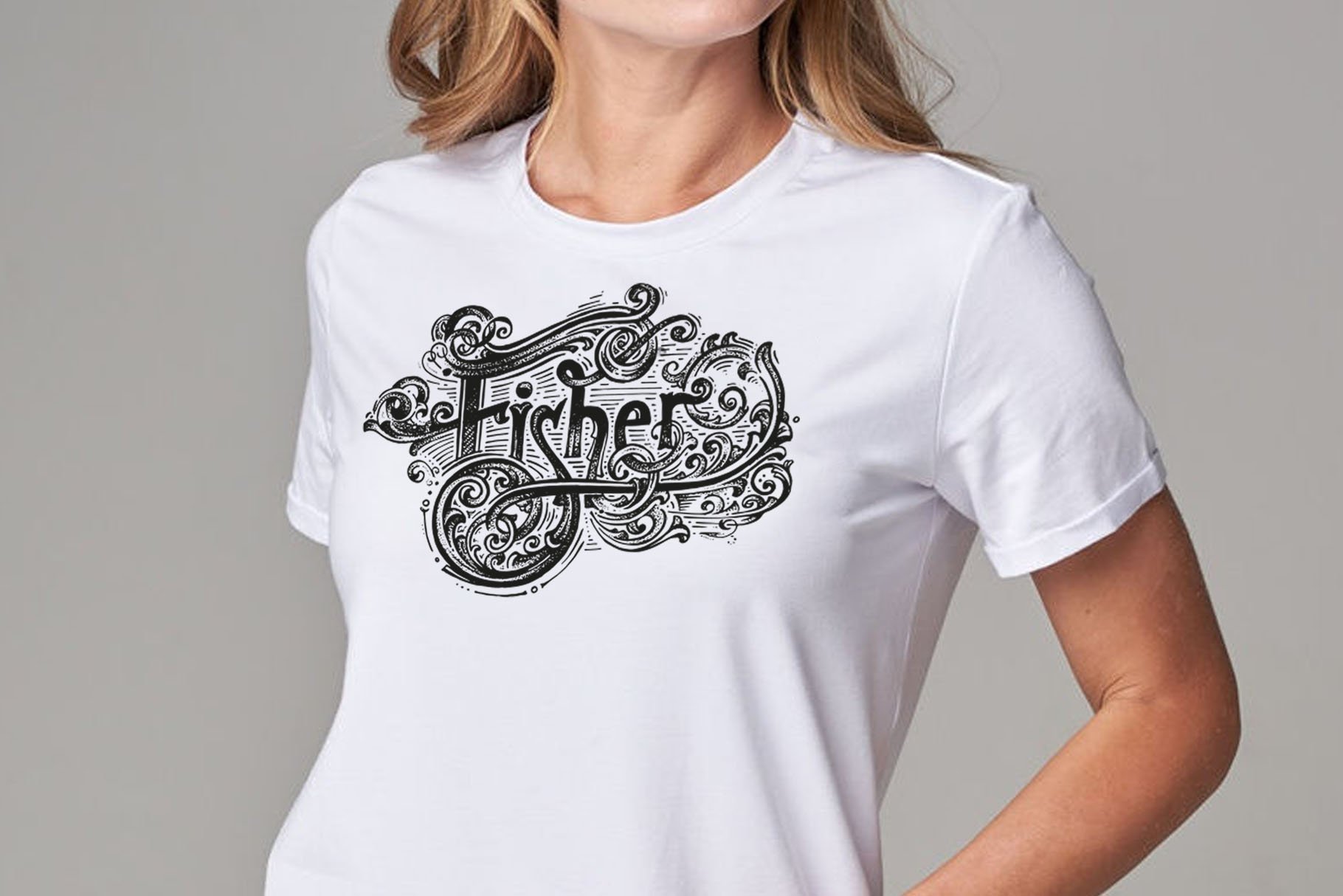 Classic white t-shirt with black fisher illustration.