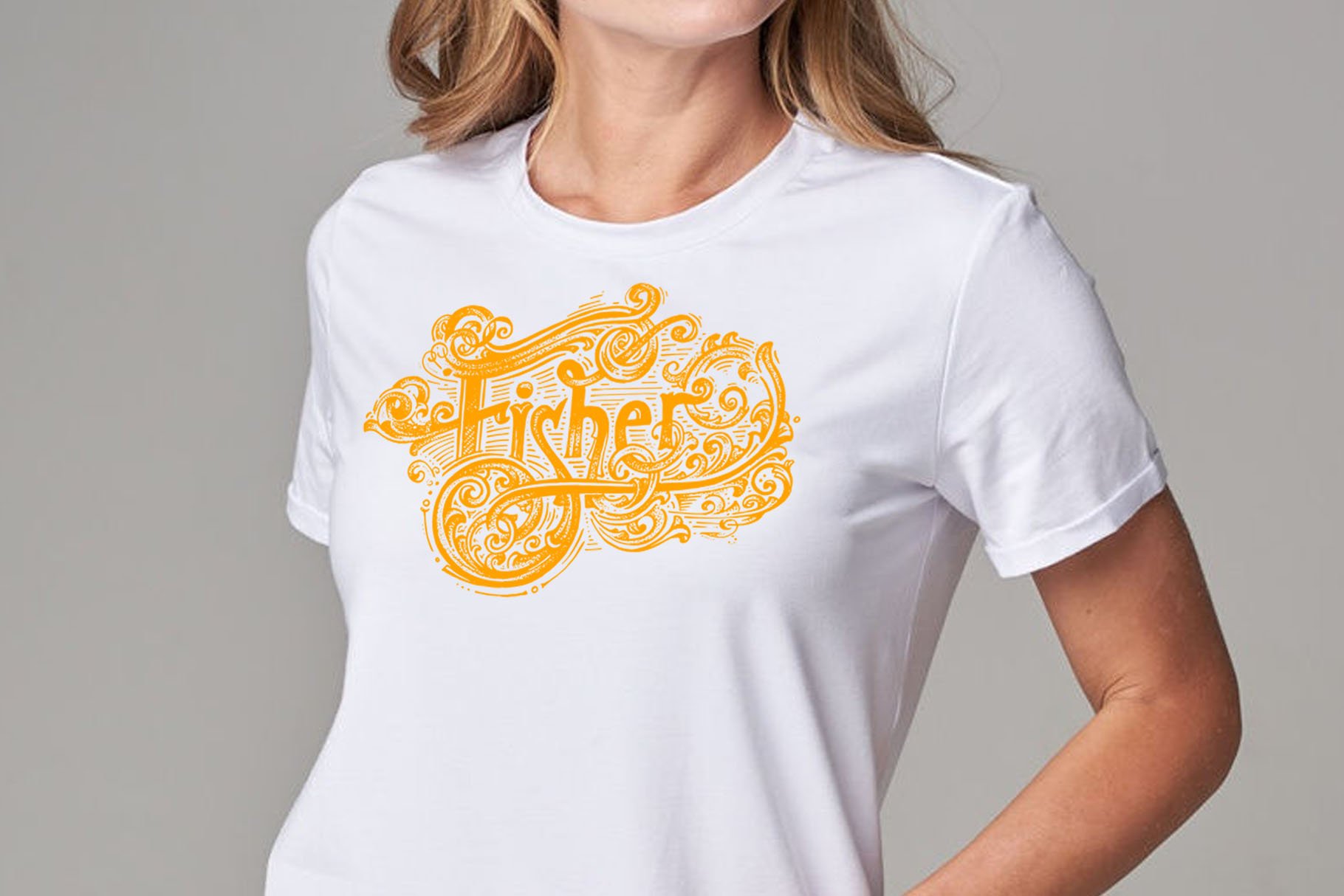 Classic white t-shirt with yellow fisher illustration.