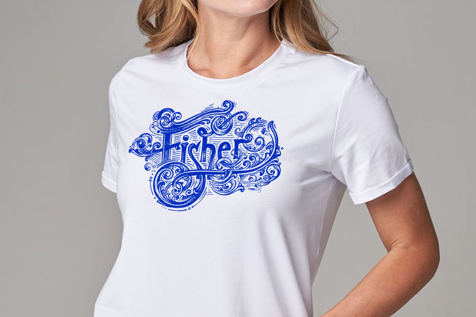 Classic white t-shirt with blue fisher illustration.