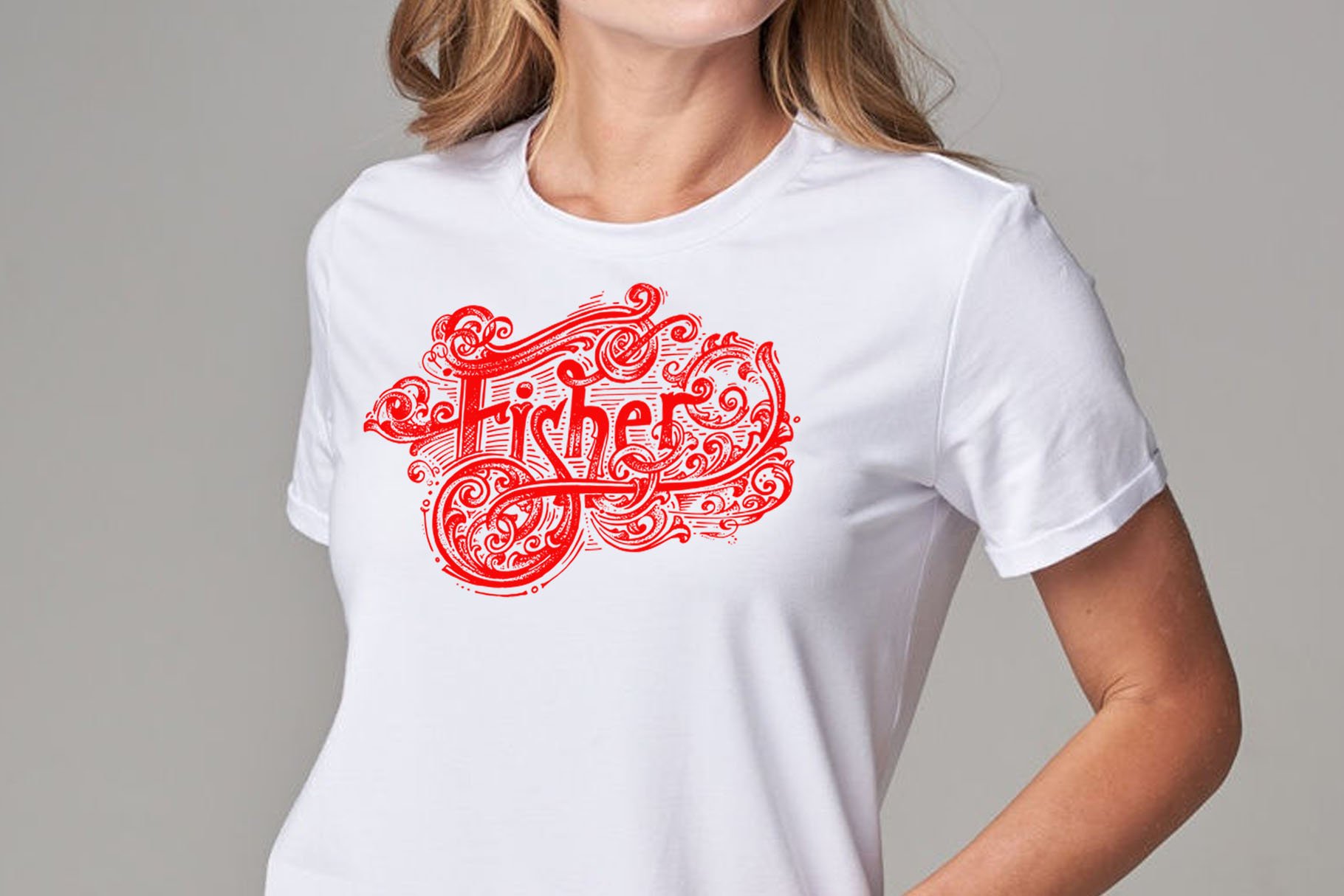 Classic white t-shirt with red fisher illustration.