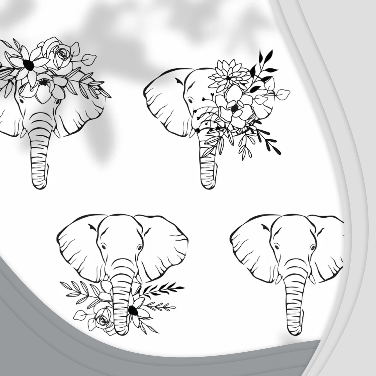 Drawing of elephants with flowers on their heads.