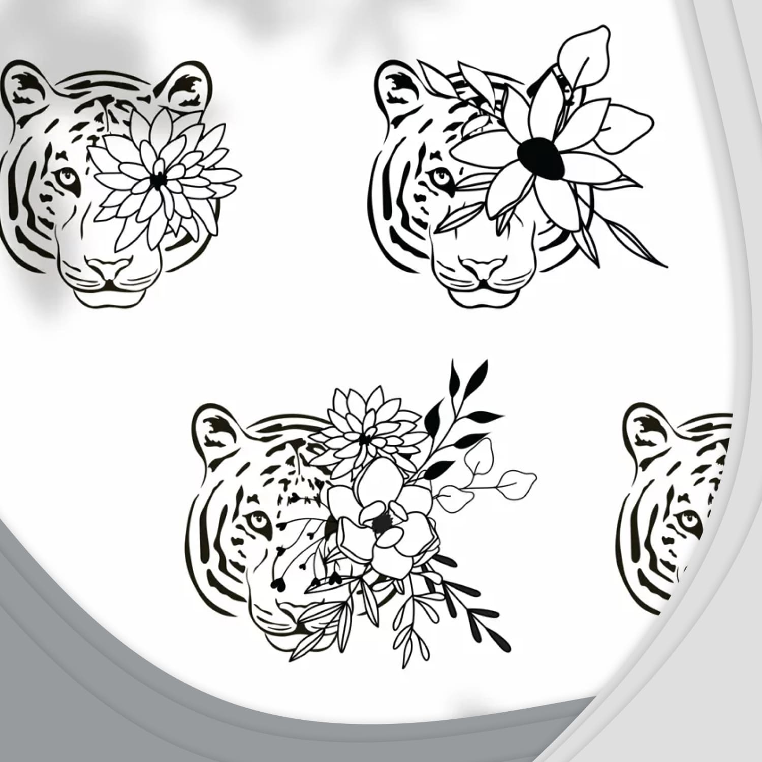 Drawing of a tiger and flowers on a white background.
