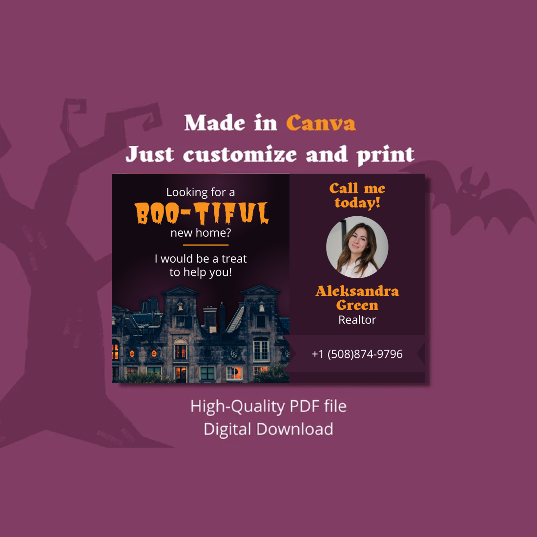 Halloween Real Estate Postcard Canva previews.