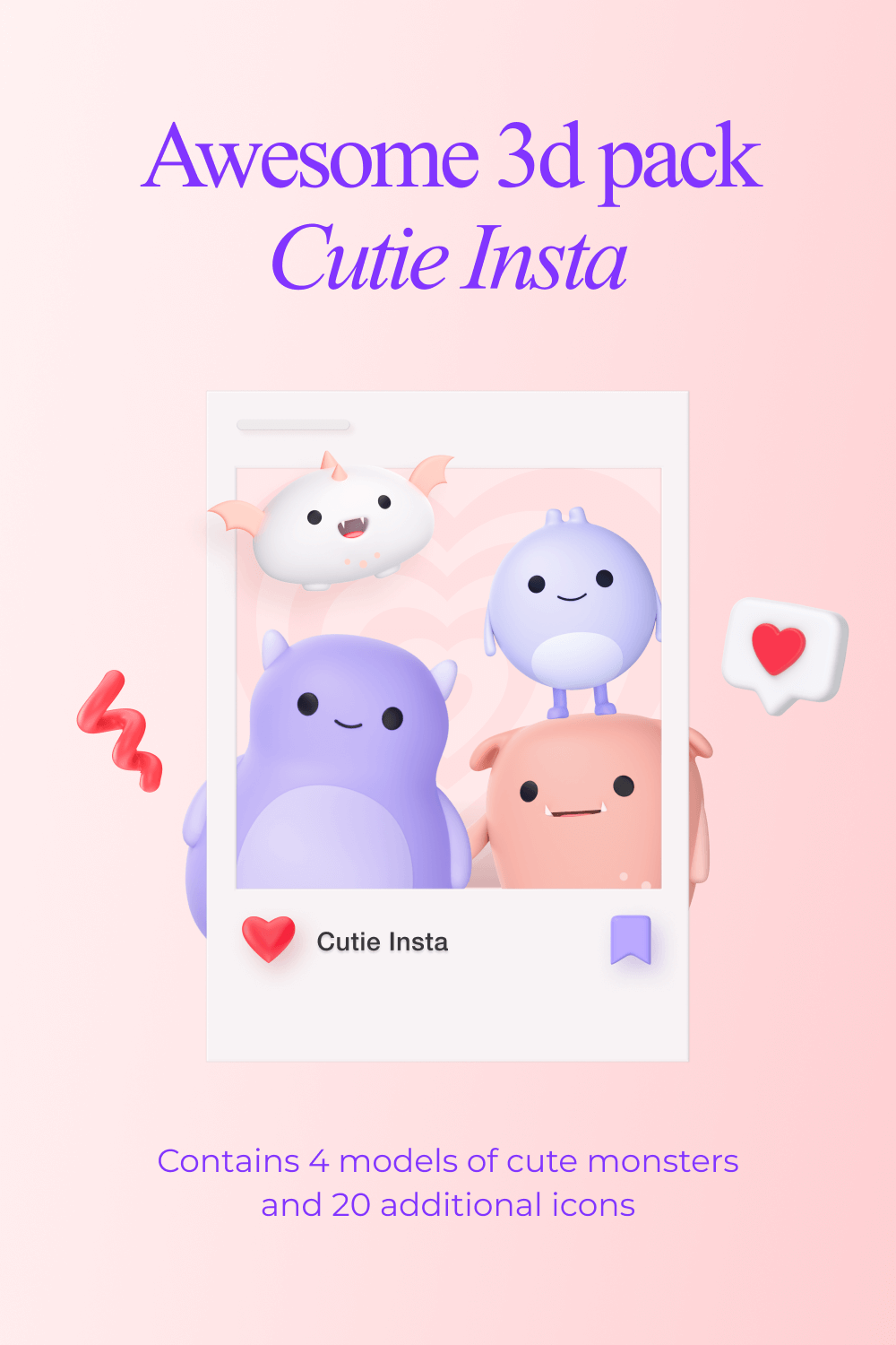 3d Cute Monsters Icons Insta Pack Pinterest Image.