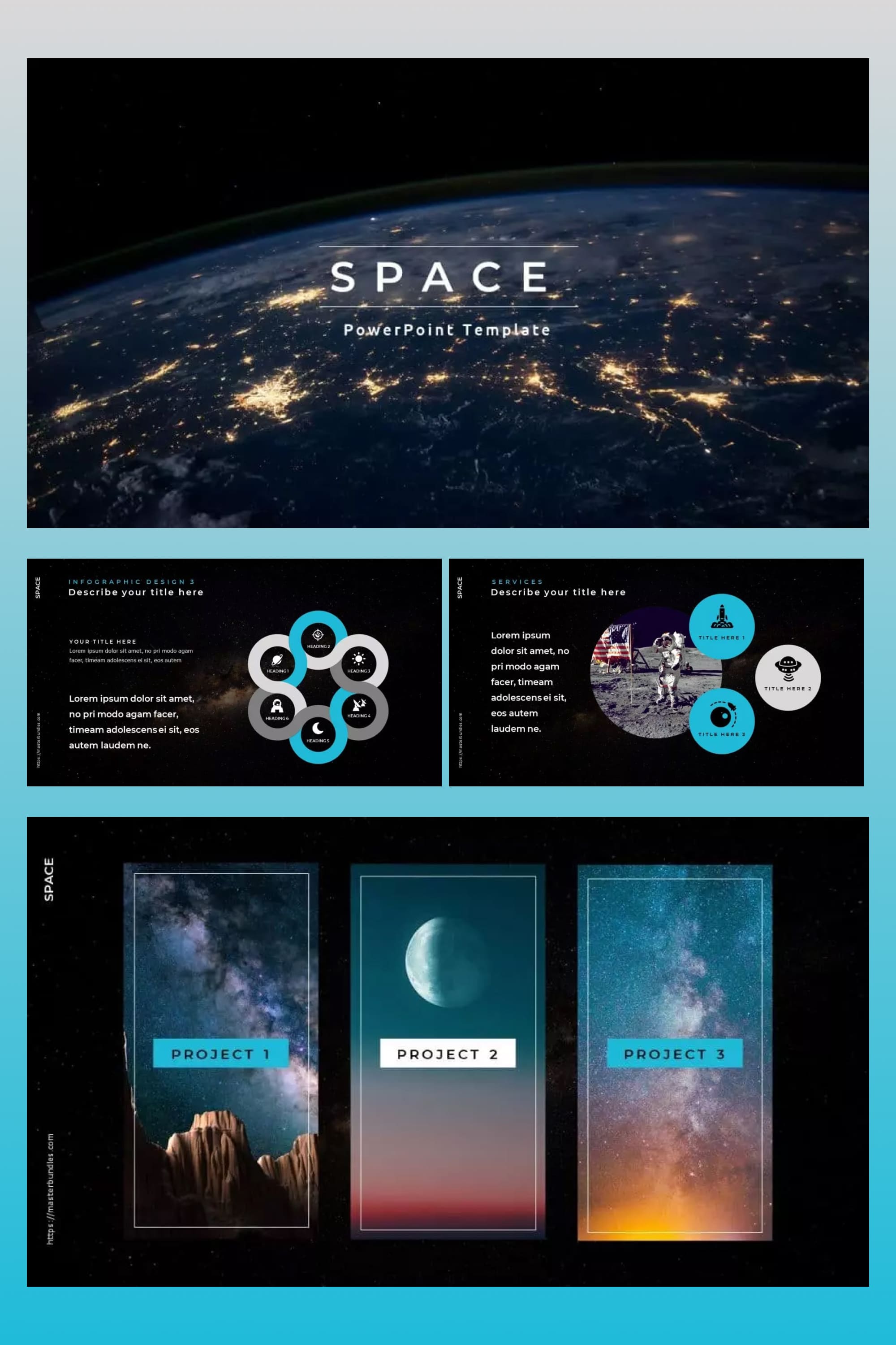 Collage of presentation pages with background in the form of planets and starry sky.