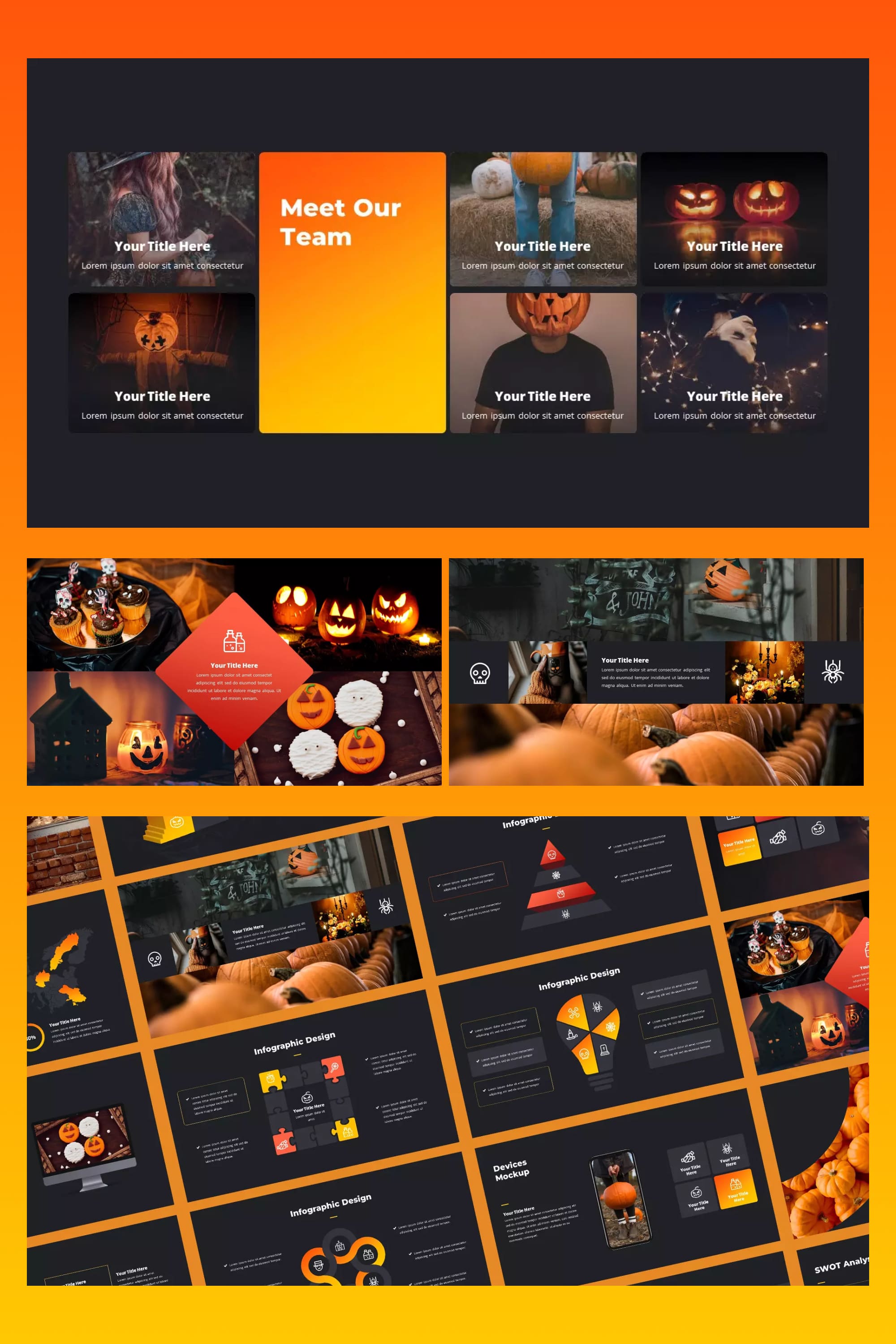 Collage of presentation pages with black background and orange pumpkins and accents.
