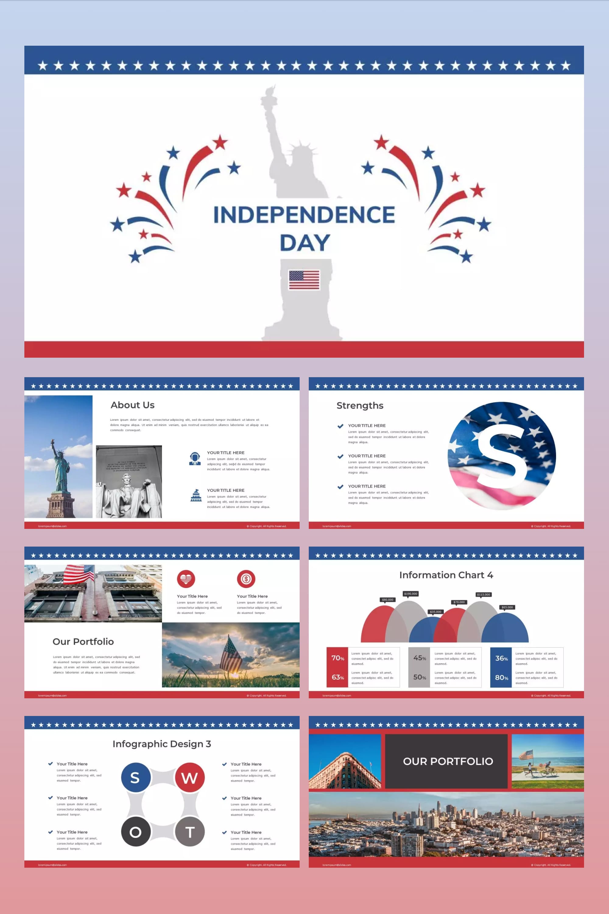 Collage of presentation pages in colors of american flag.