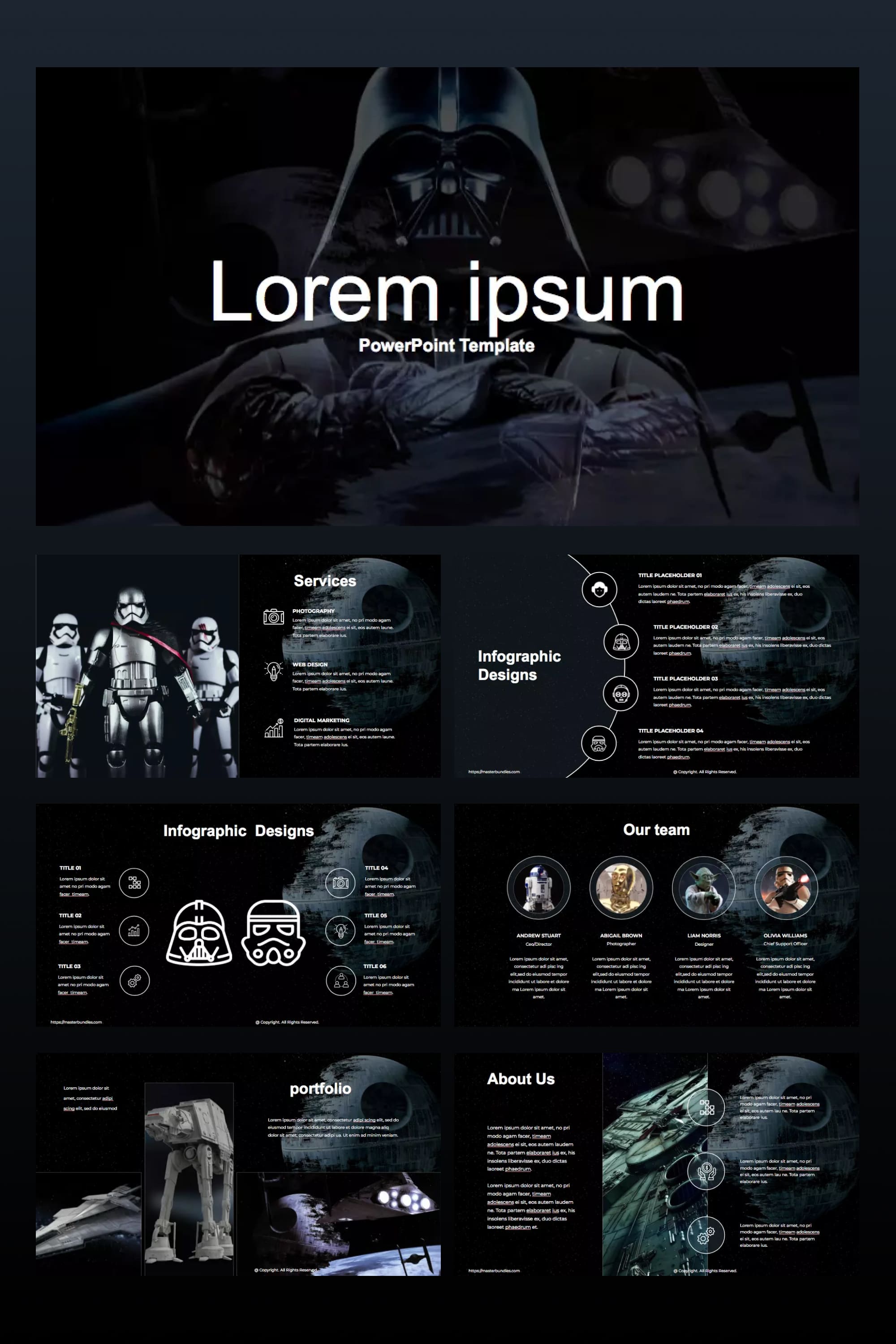 Collage of presentation pages with black background and Star Wars characters.