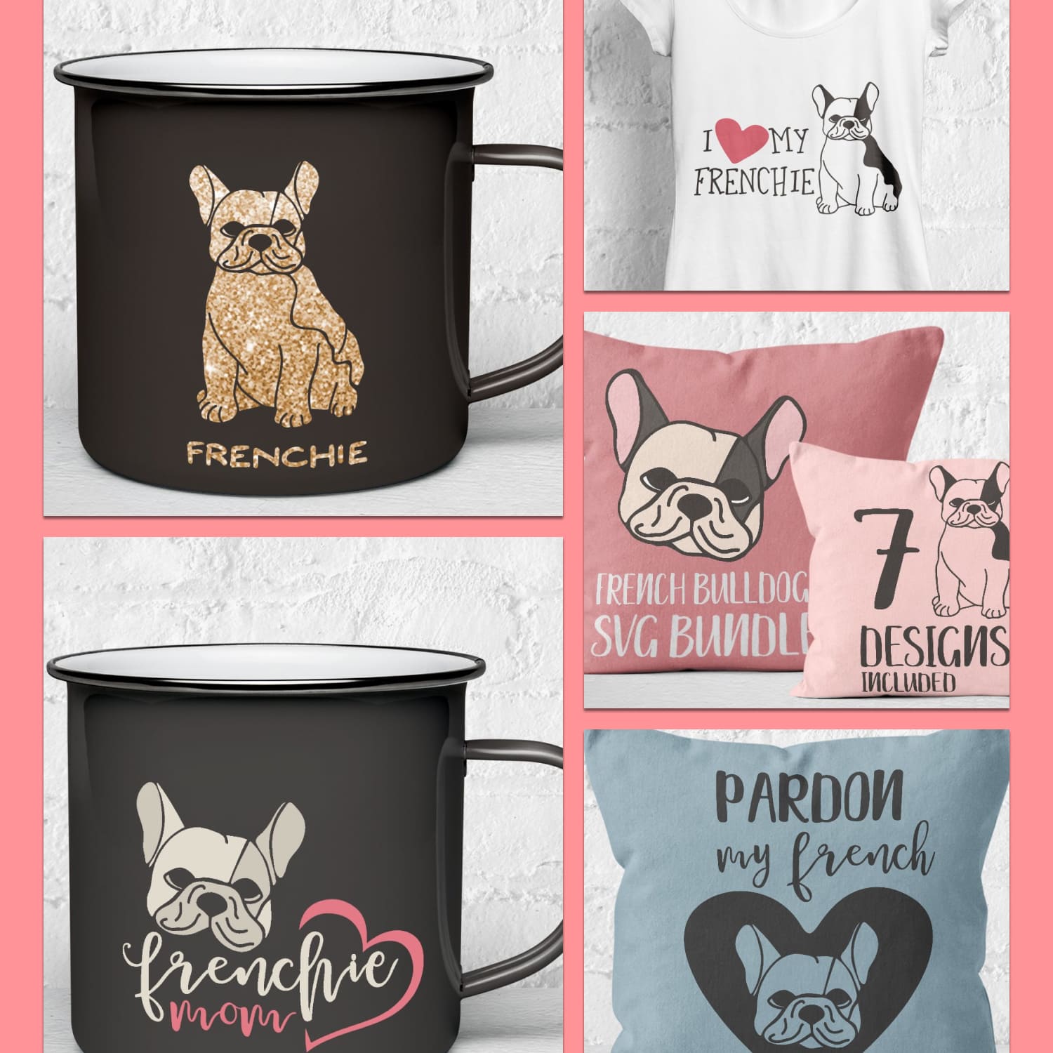 Collage of four mugs with french bulldogs on them.