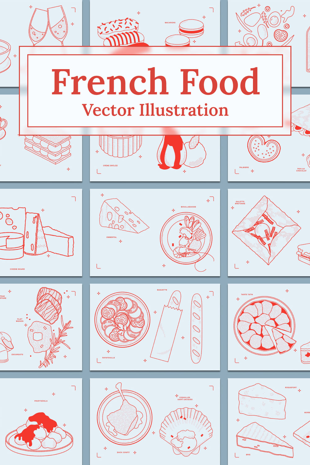 French food vector illustration - pinterest image preview.