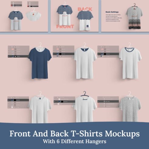 Front and Back T-shirts Mockups With 6 Different Hangers.