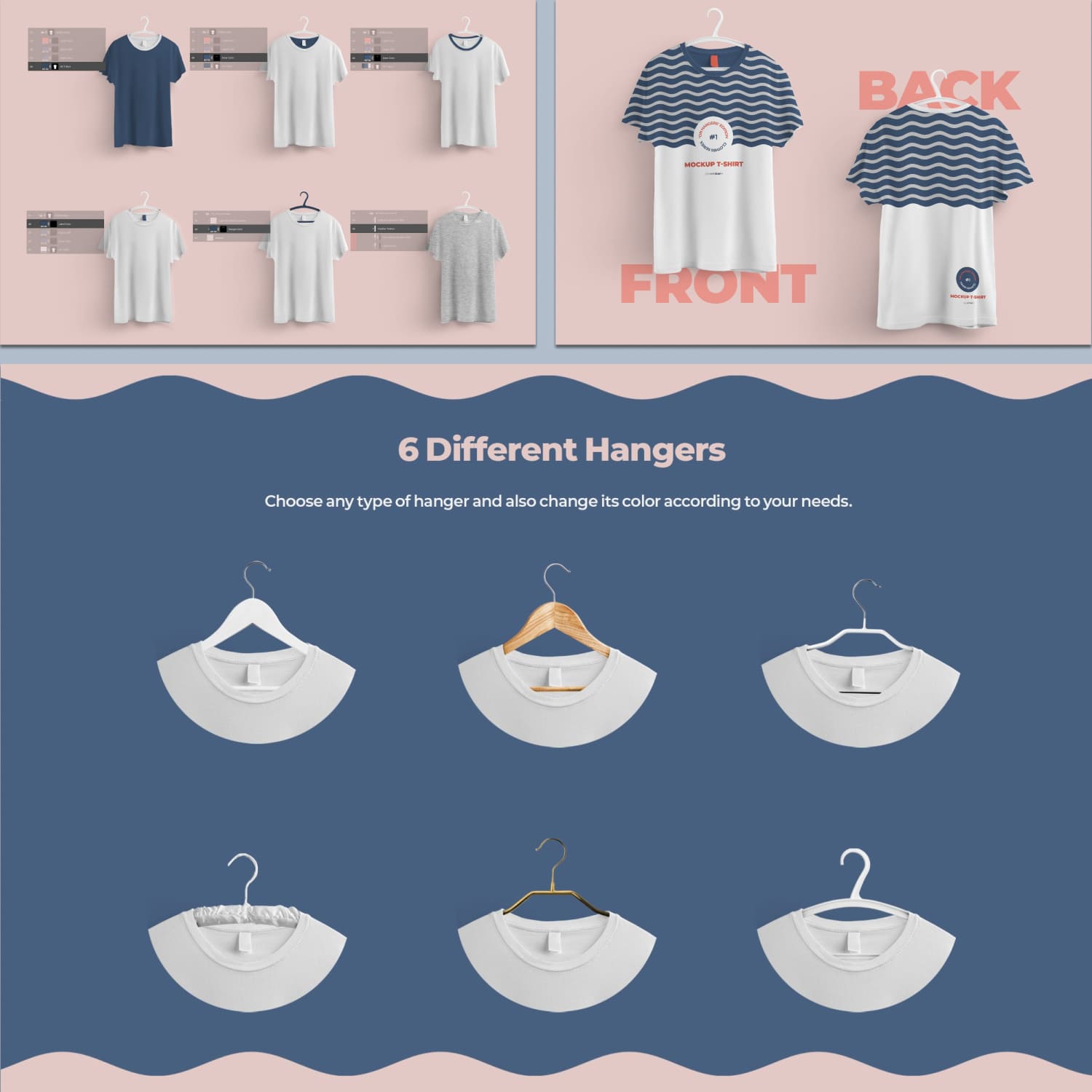 Front and Back T-shirts Mockups With 6 Different Hangers cover.
