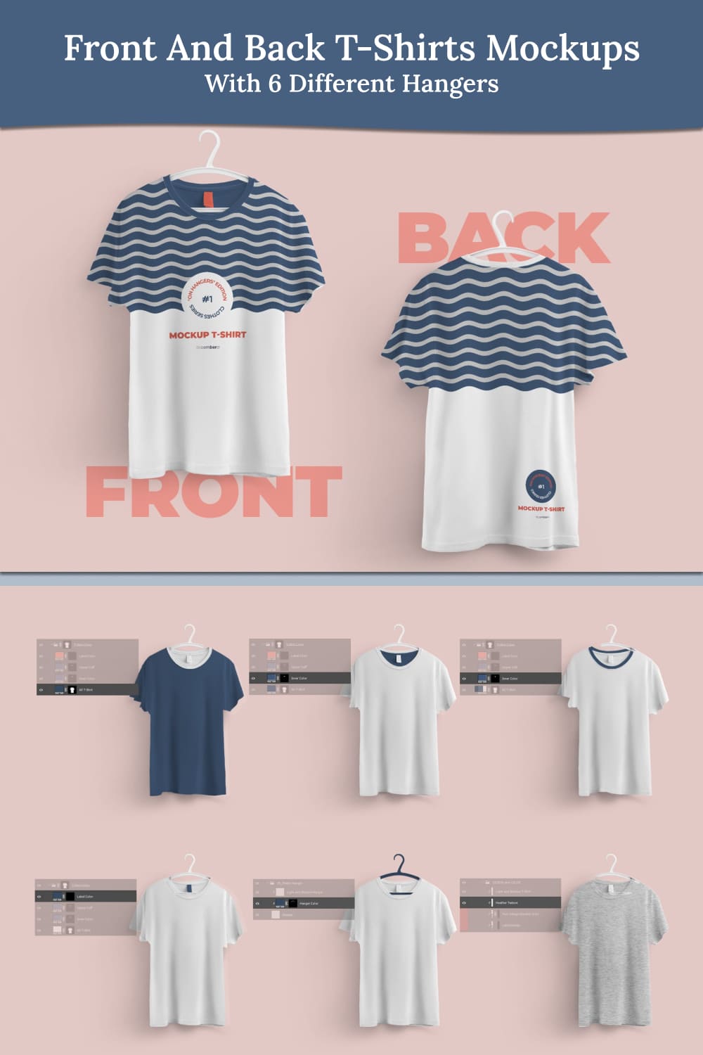 front and back t shirts mockups with 6 different hangers 04