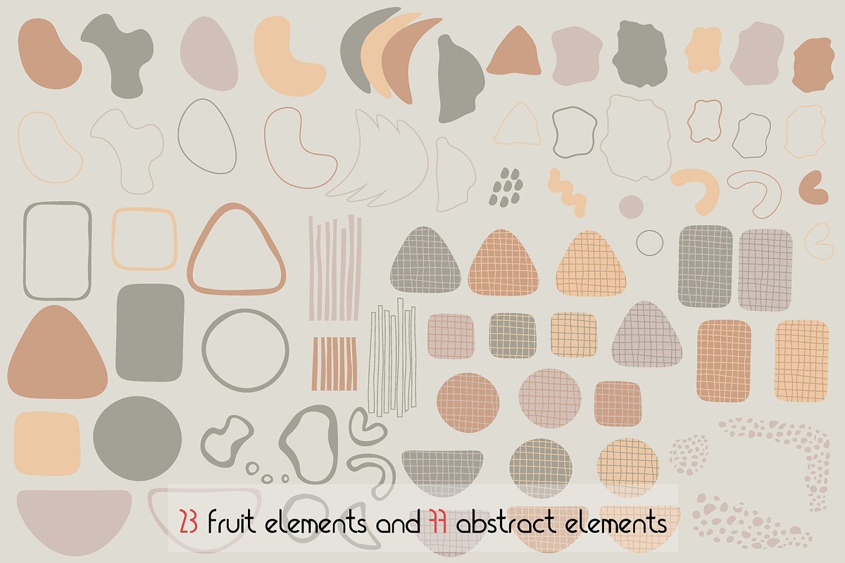 It's a set of 23 fruits drawn in one line style and 77 abstract elements.