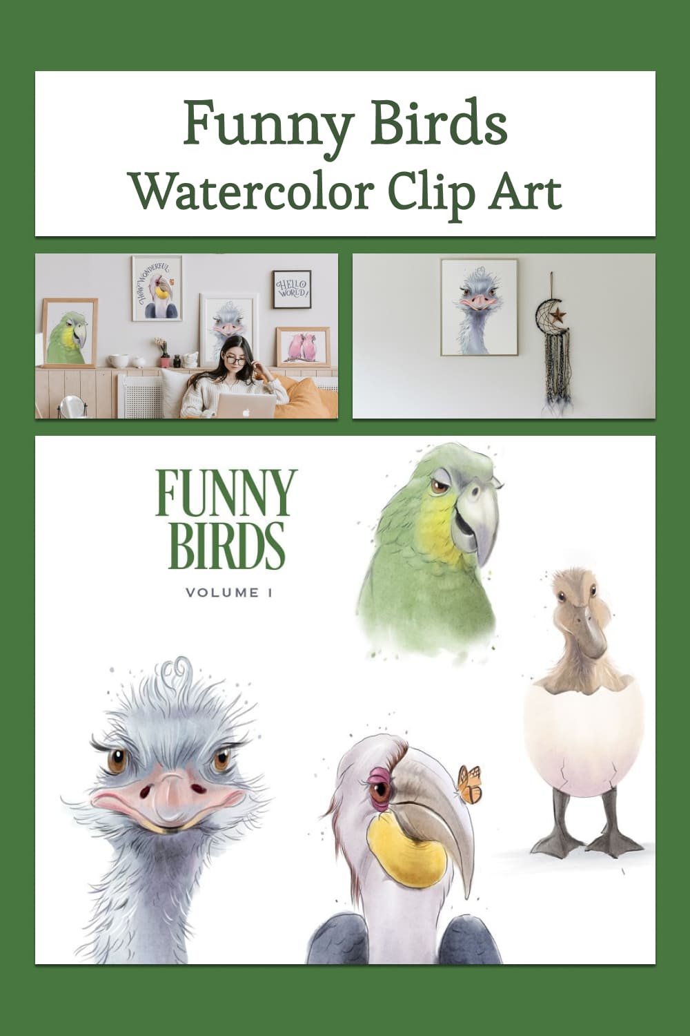 Funny birds. Watercolor clip art - pinterest image preview.