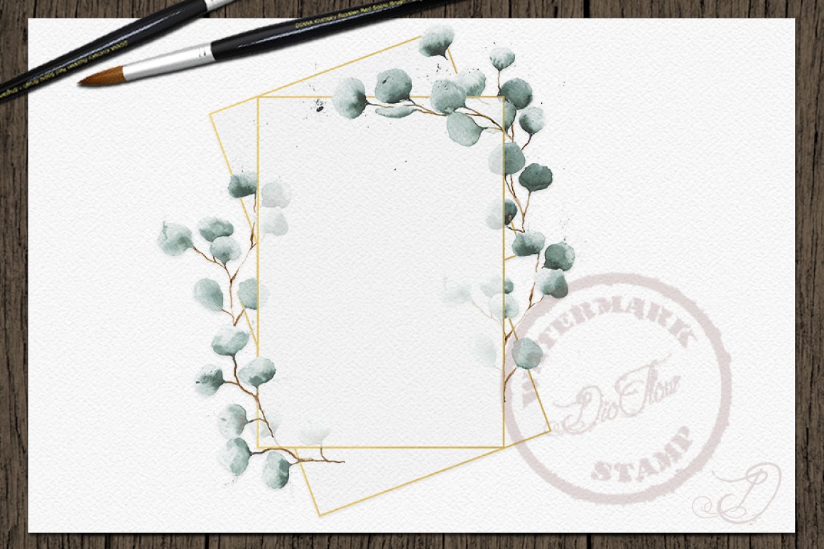 Minimalistic frame with an eucalyptus and gold border.