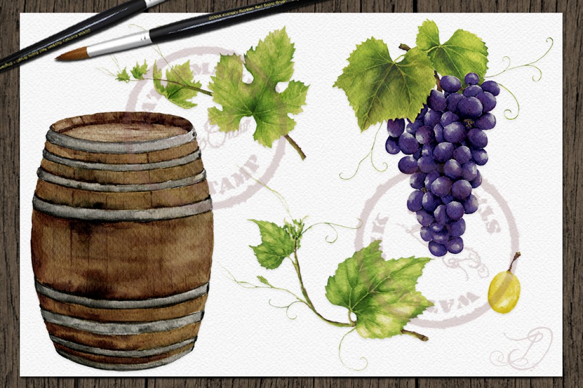 Blue grape, wooden box and grape leaves.