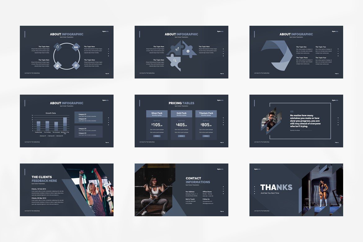 This template includes creative dark grey infographics.