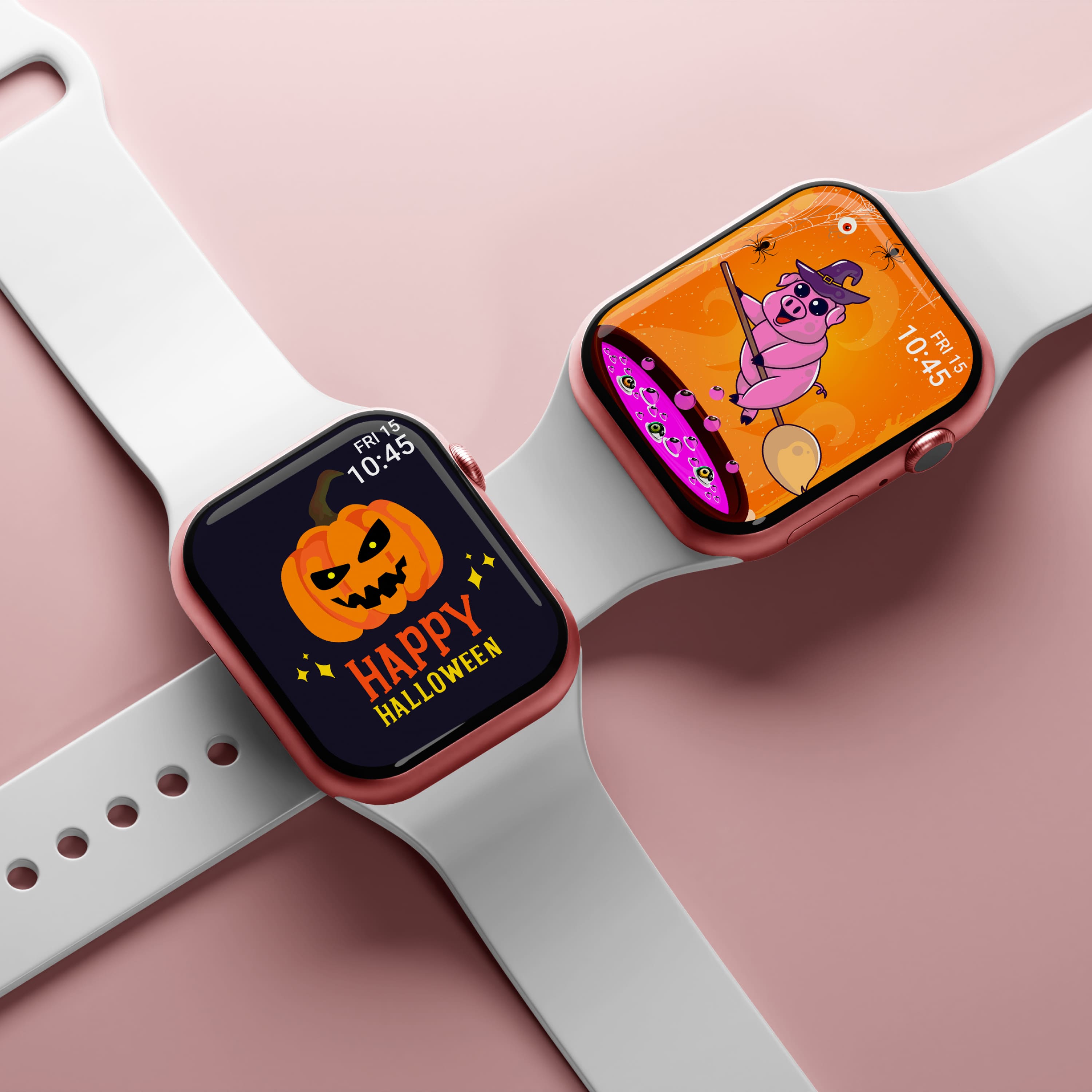 Two apple watches with halloween illustrations.