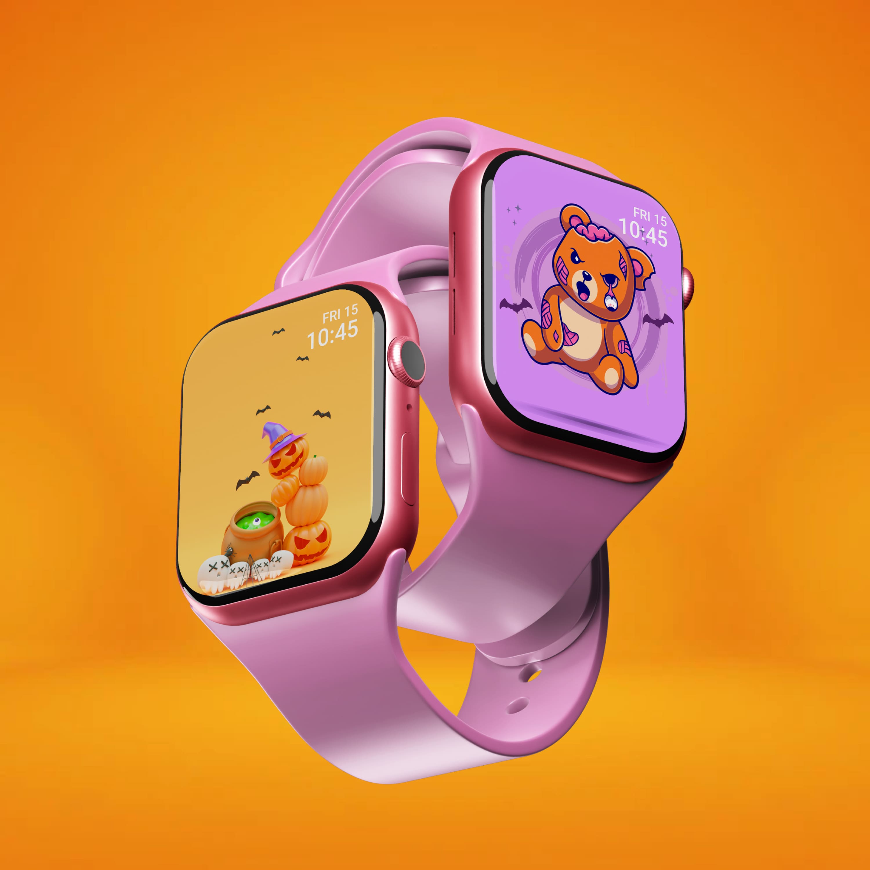 Two purple apple watches with halloween illustrations.