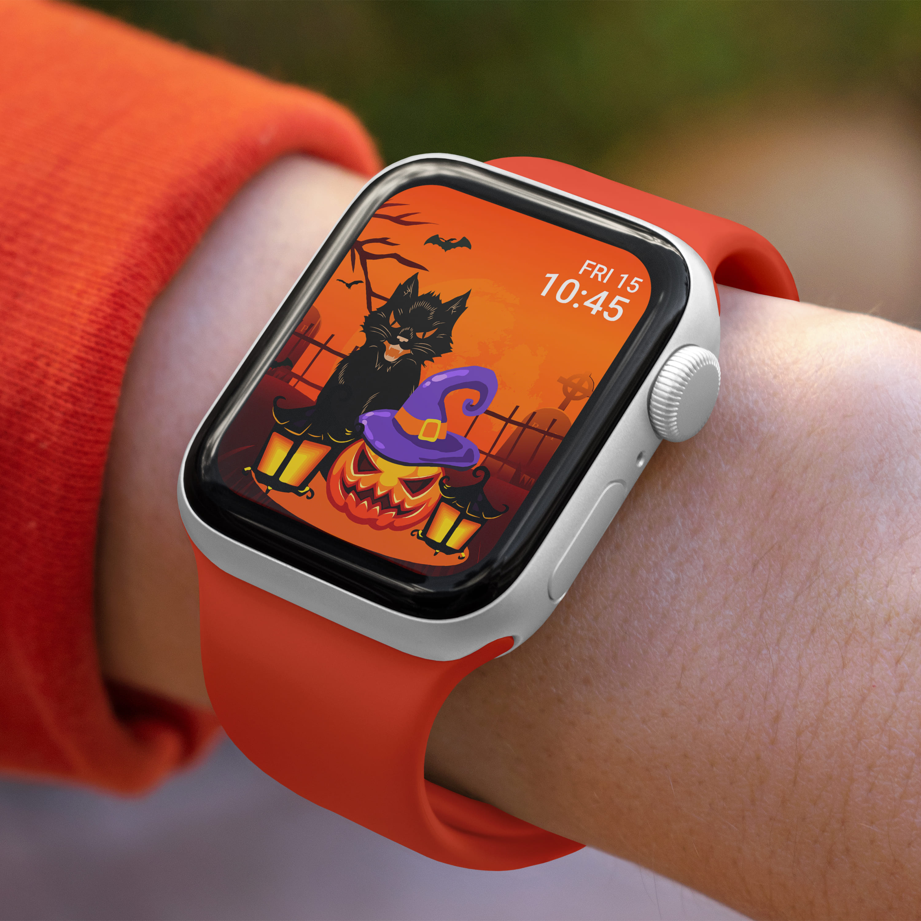 Red apple watch with halloween illustrations.