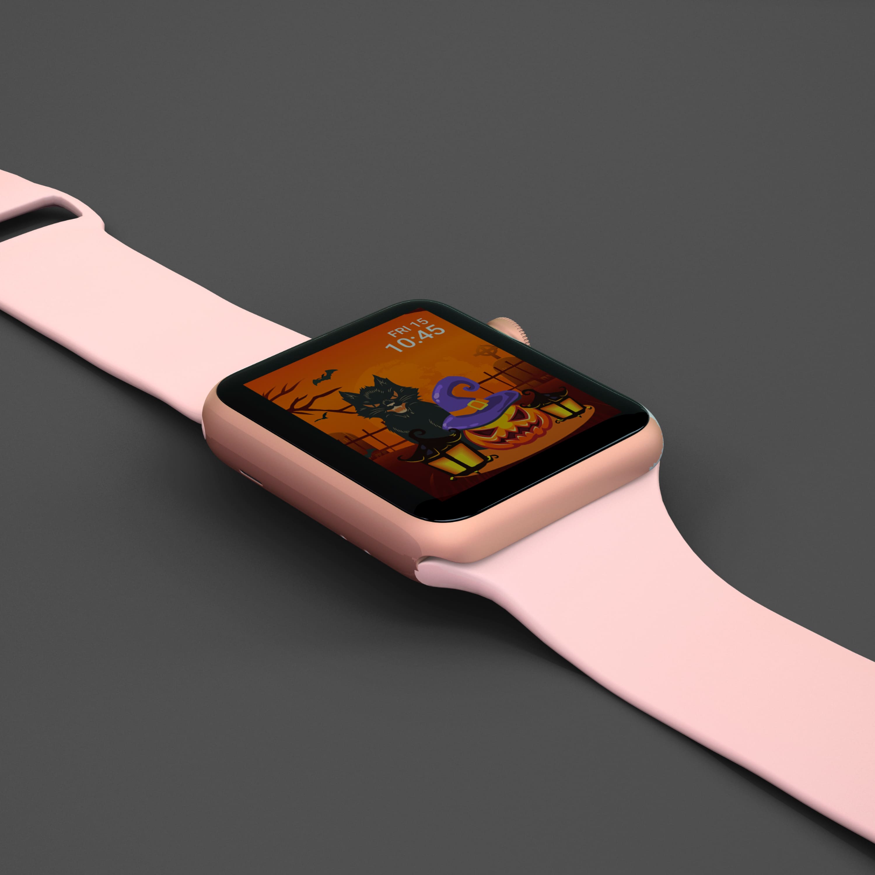 Pink apple watch with halloween illustrations.