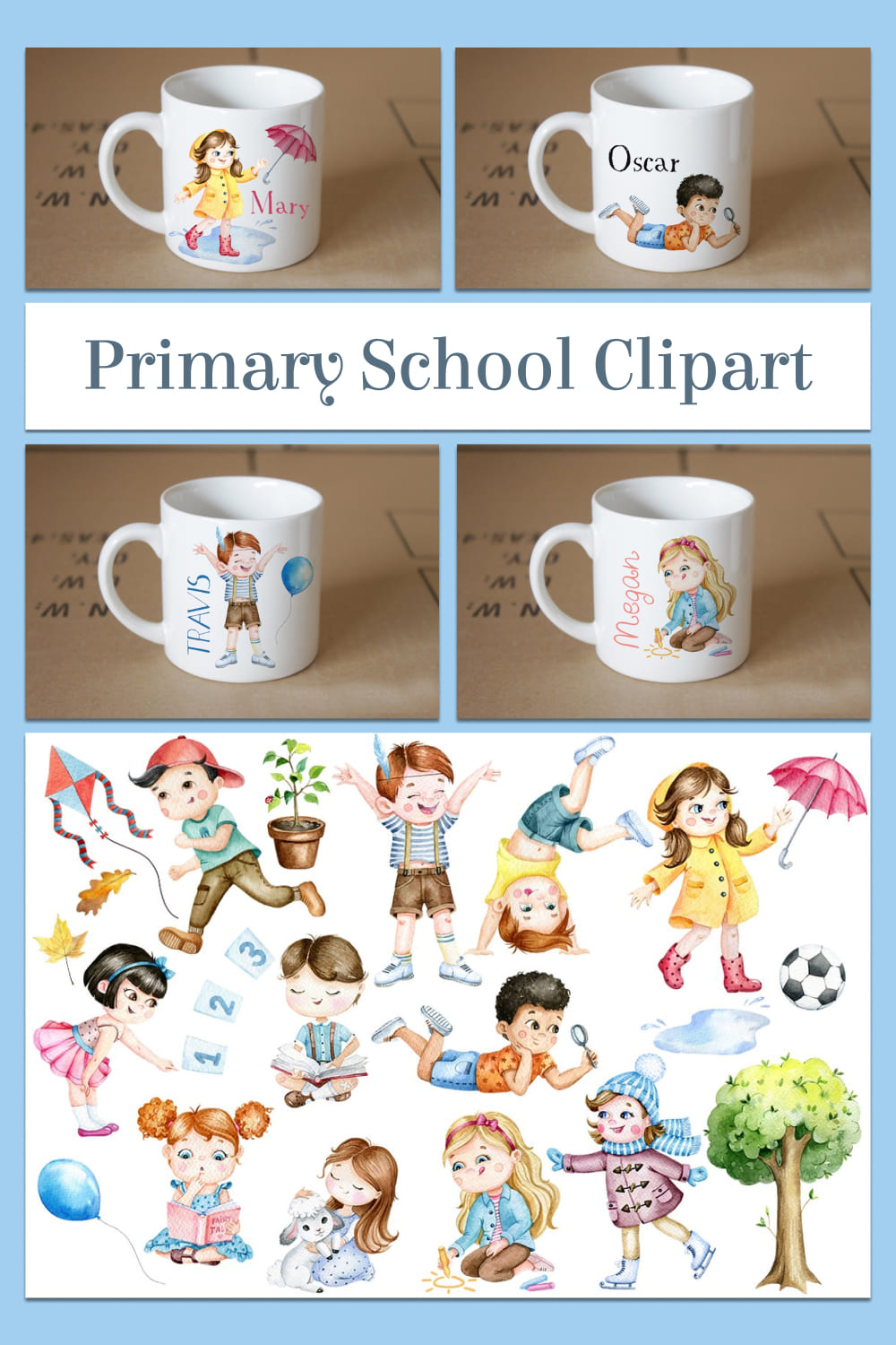 Happy kids, primary school clipart - pinterest image preview.