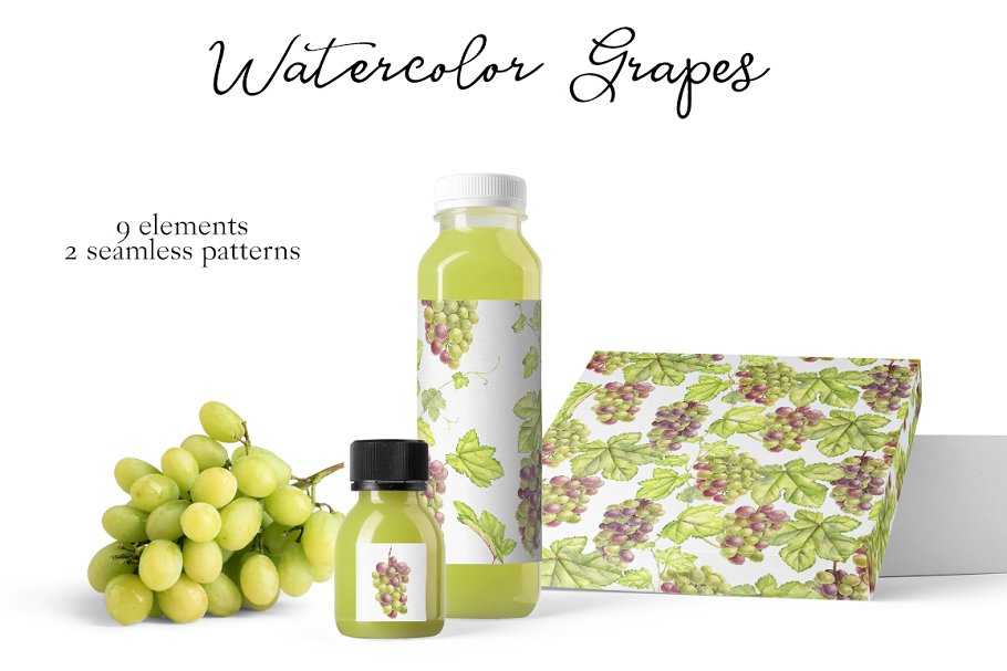 Bottles with grapes prints.
