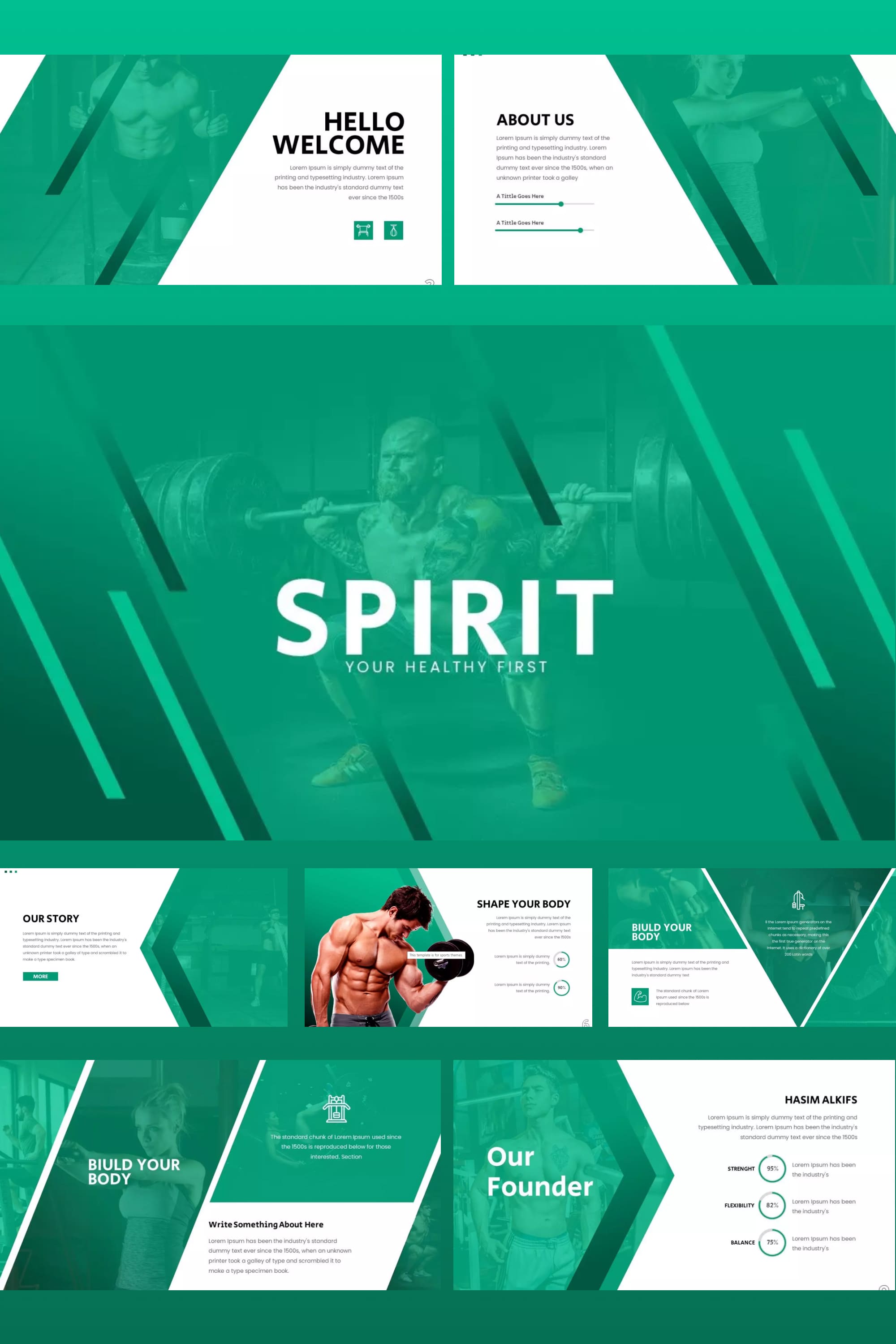Screenshots of presentation pages in green for sports.