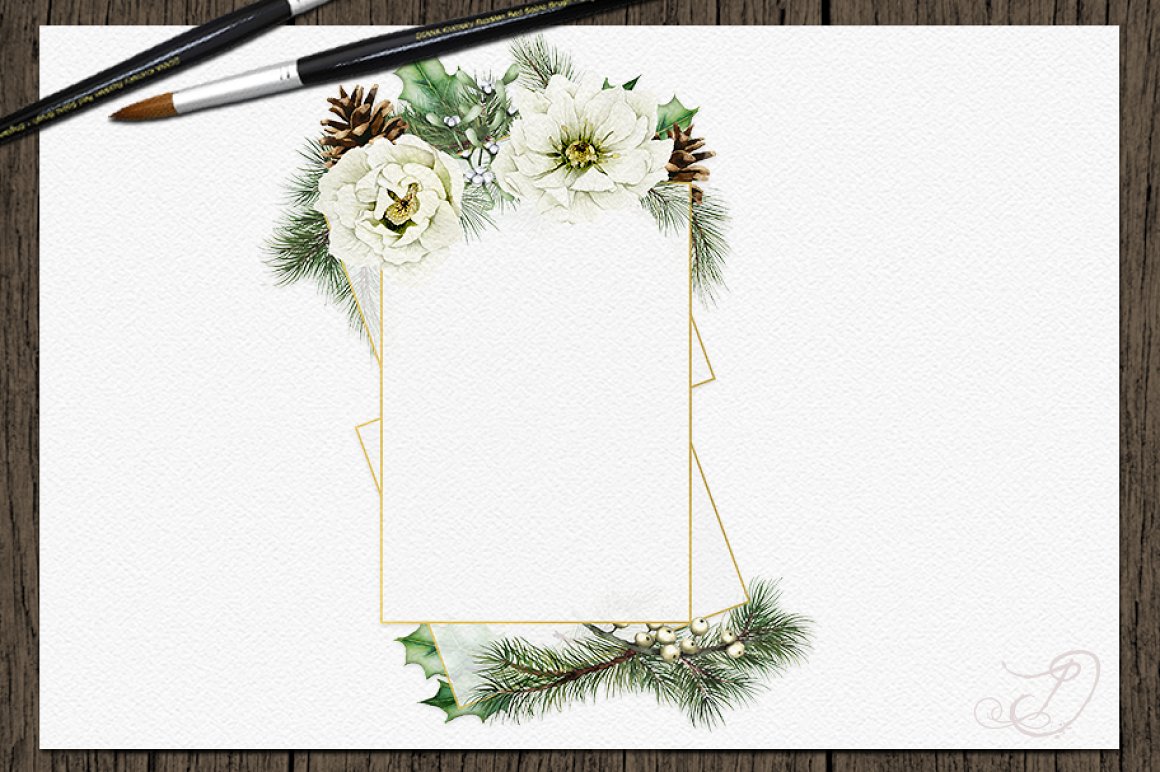 Classic frame shape with flowers and pine.