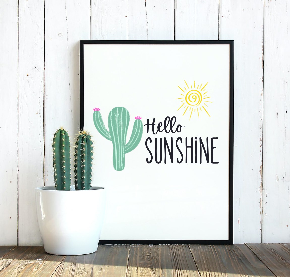 hello sunshine cactus sun hand drawn illustration print frame