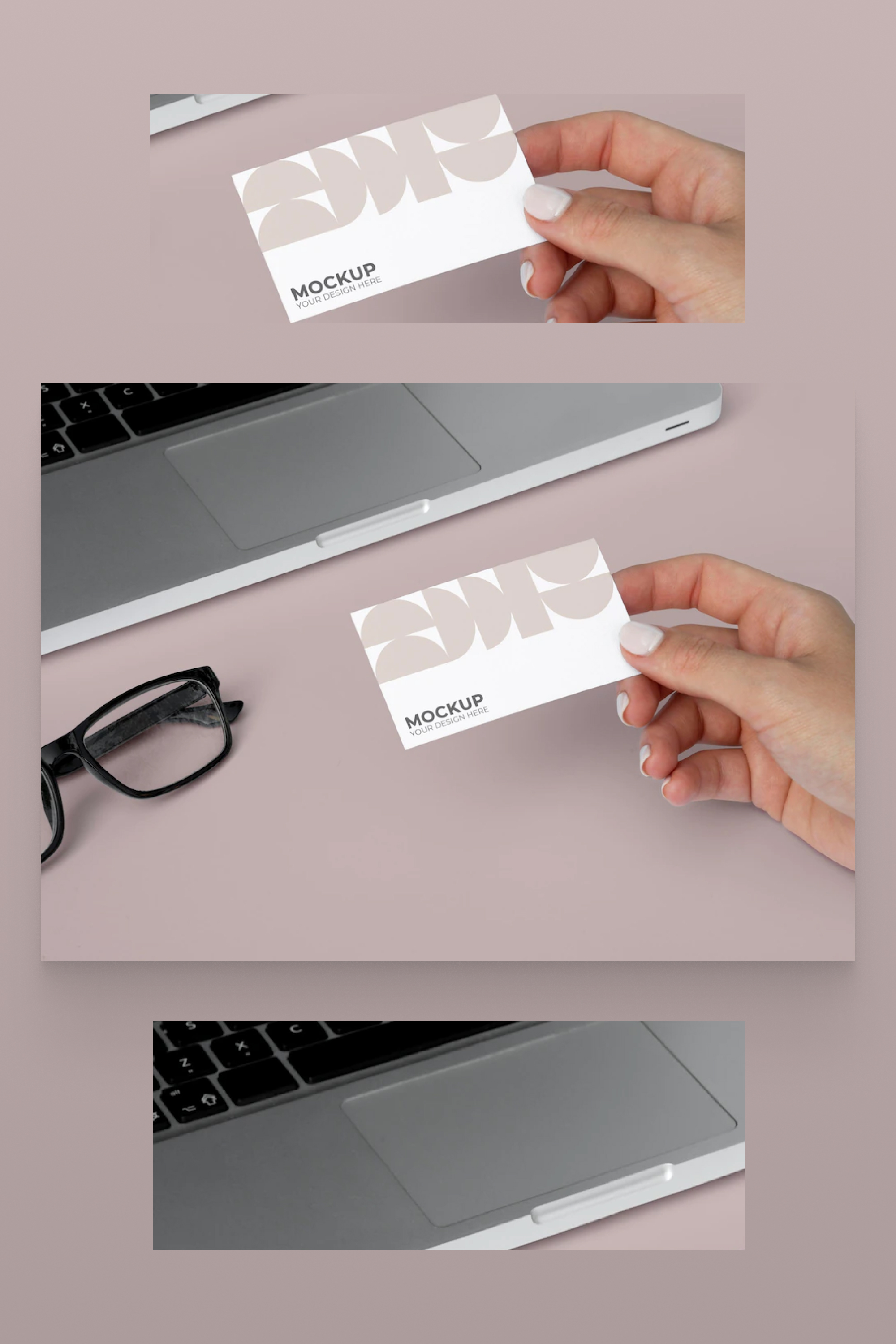 Business cards in hand on pink background with laptop and glasses.