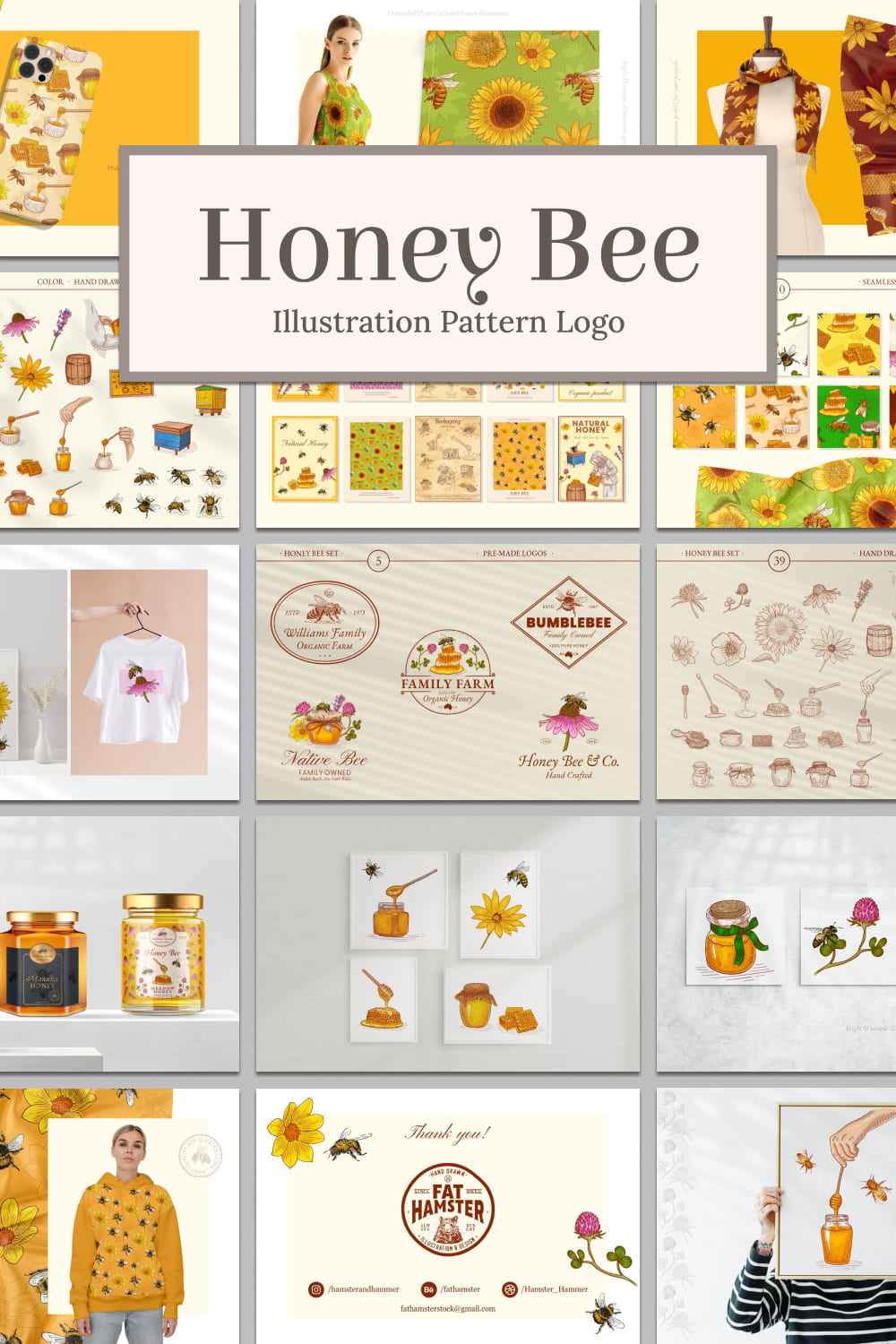 Honey bee illustration pattern logo - pinterest image preview.