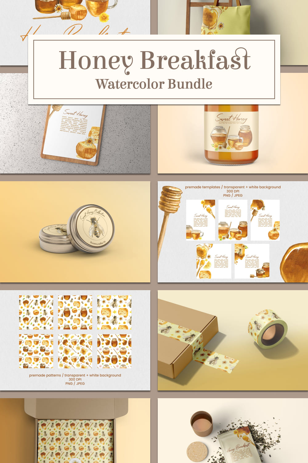 Honey breakfast watercolor bundle - pinterest image preview.