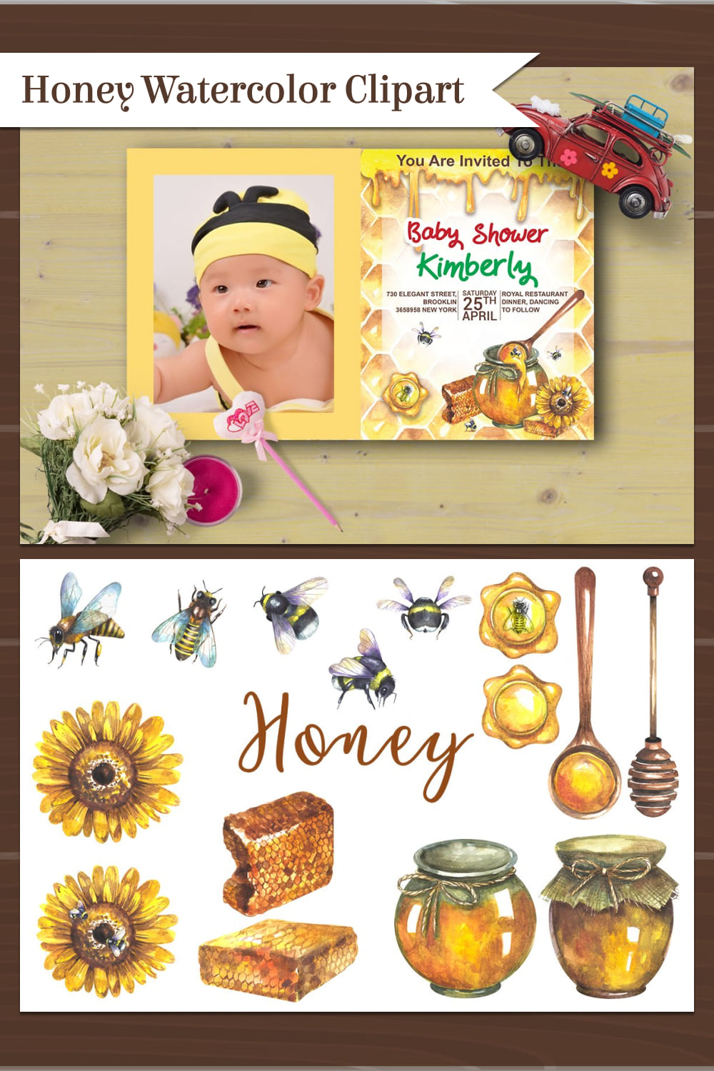 Honey watercolor clipart - pinterest image preview.