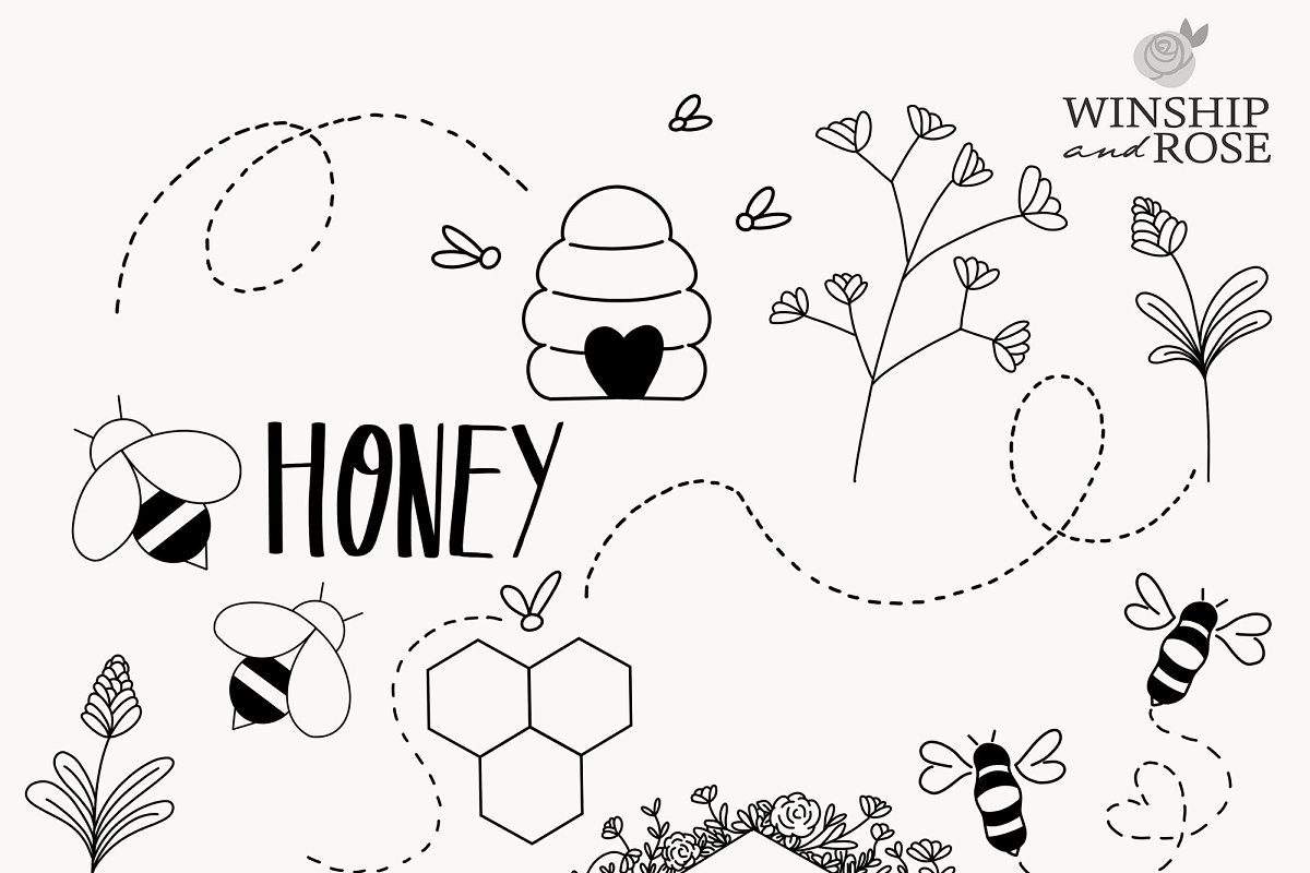 This bees and honey clip art set features personally hand-drawn bumblebee designs with wildflower graphics.