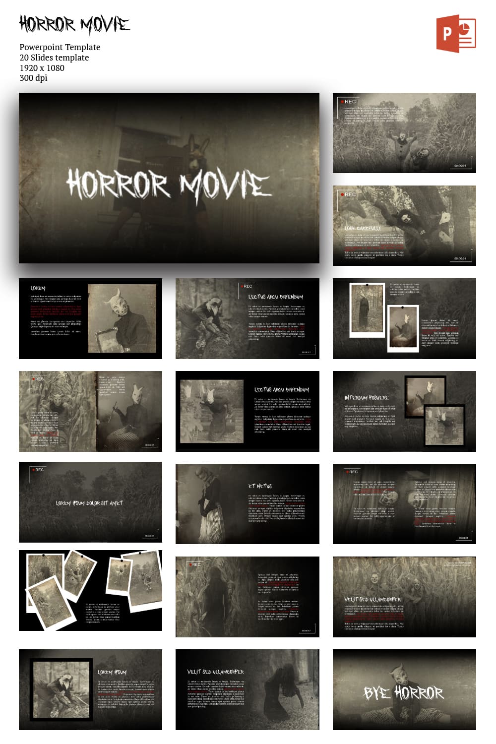 Collage of presentation pages with frames from horror films.