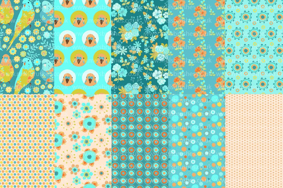 10 vibrant digital pattern papers featuring tropical flowers, dots and budgies.