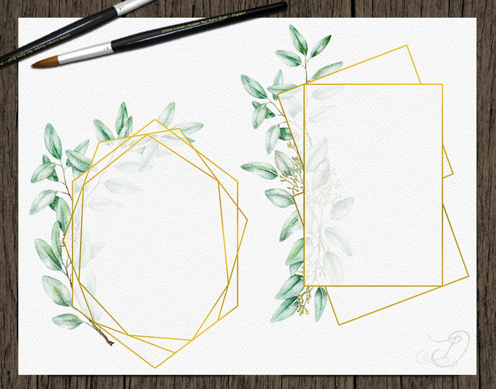 Two gold frames with delicate green leaves.